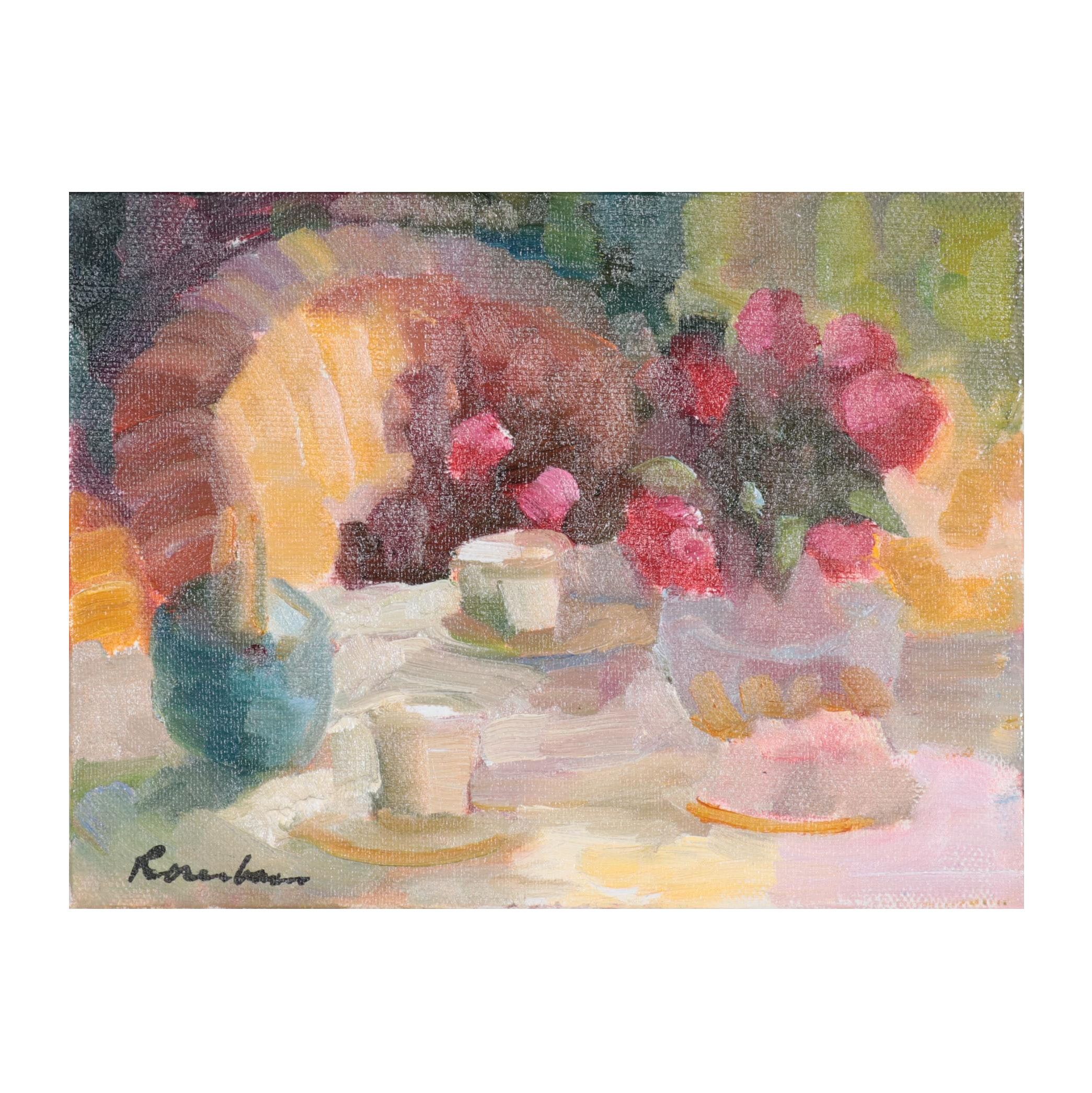 Sally Rosenbaum Oil Painting of Tablescape, 21st Century