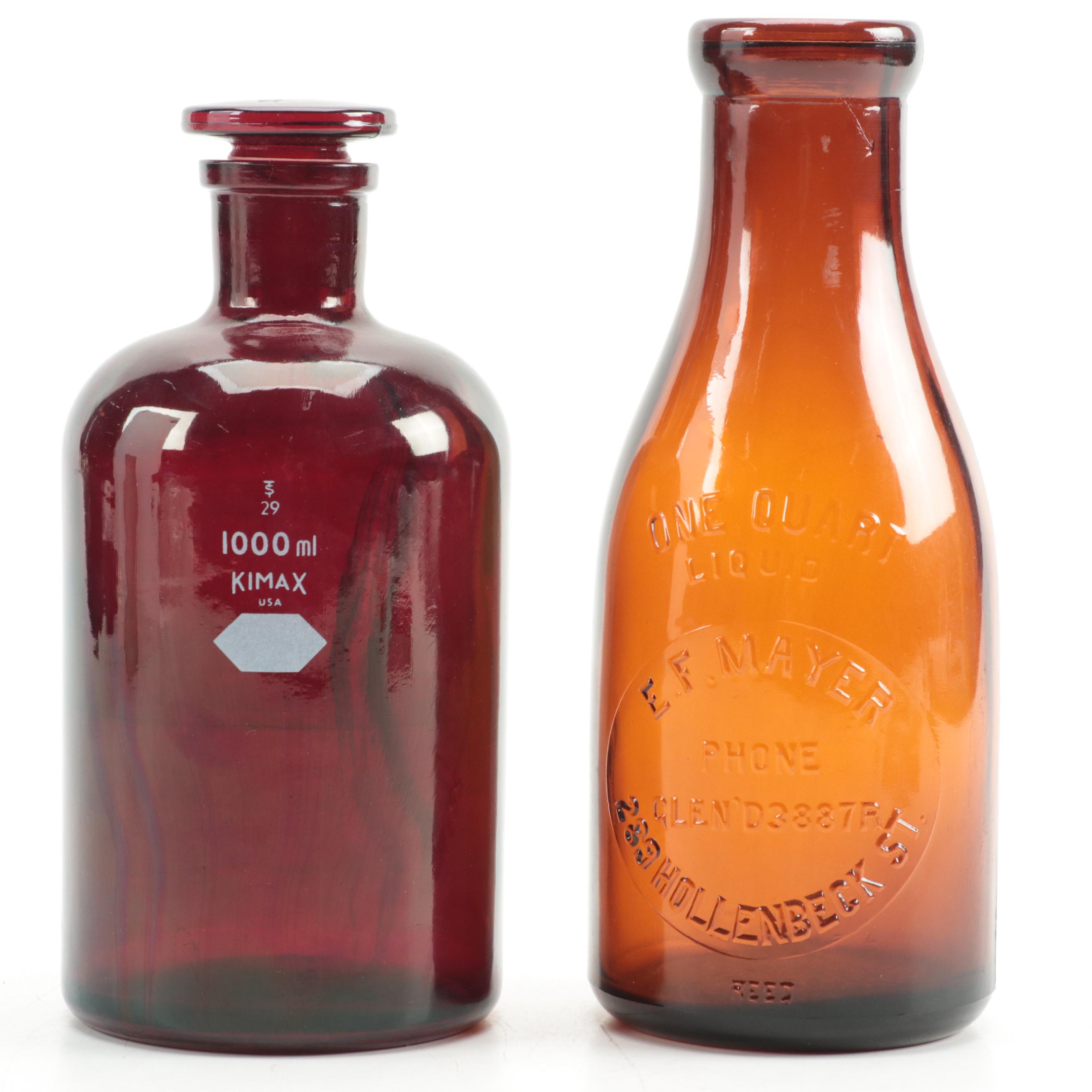 E. F. Mayer Milk and Kimax Lab Amber Glass Bottles, Mid to Late 20th Century