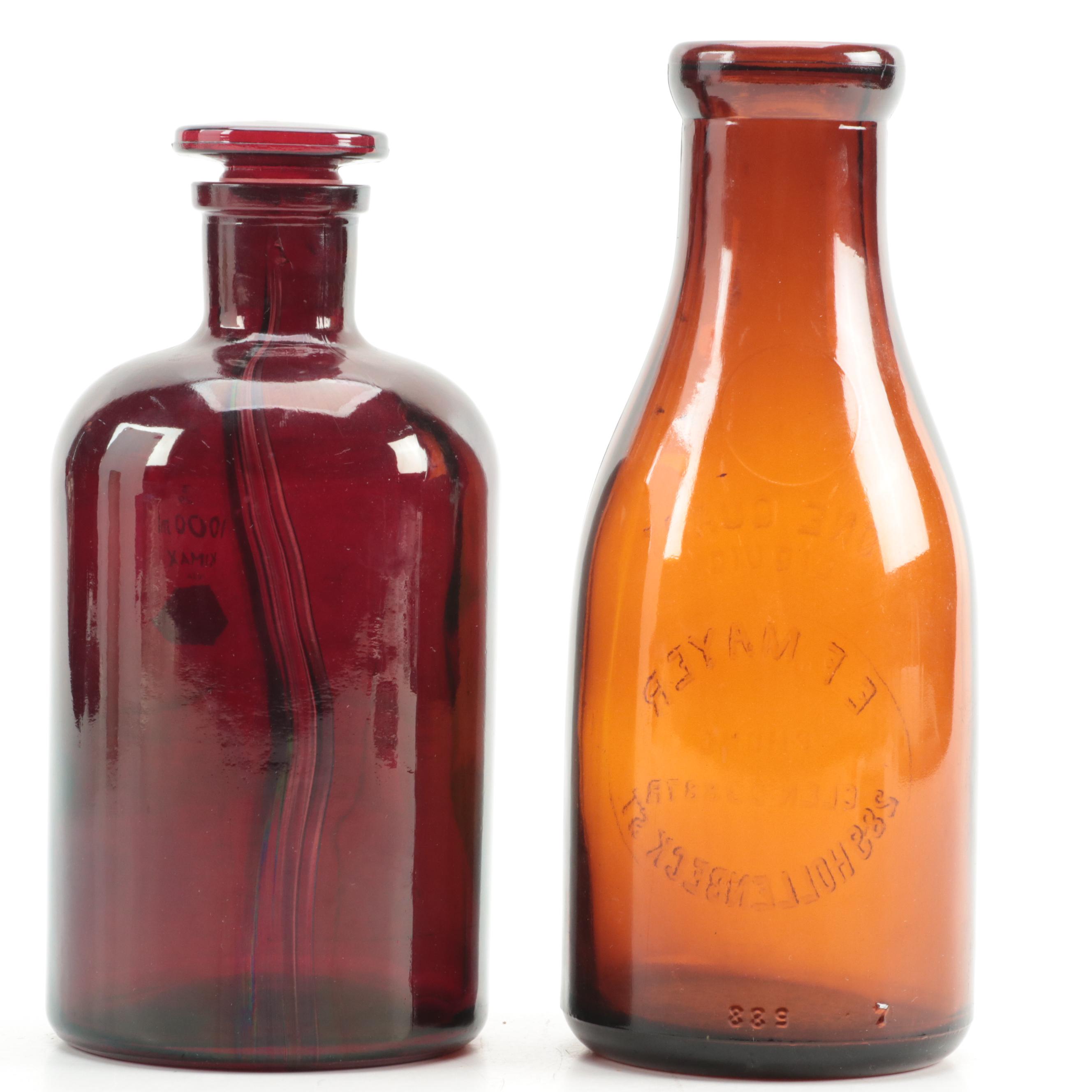 E. F. Mayer Milk and Kimax Lab Amber Glass Bottles, Mid to Late 20th Century
