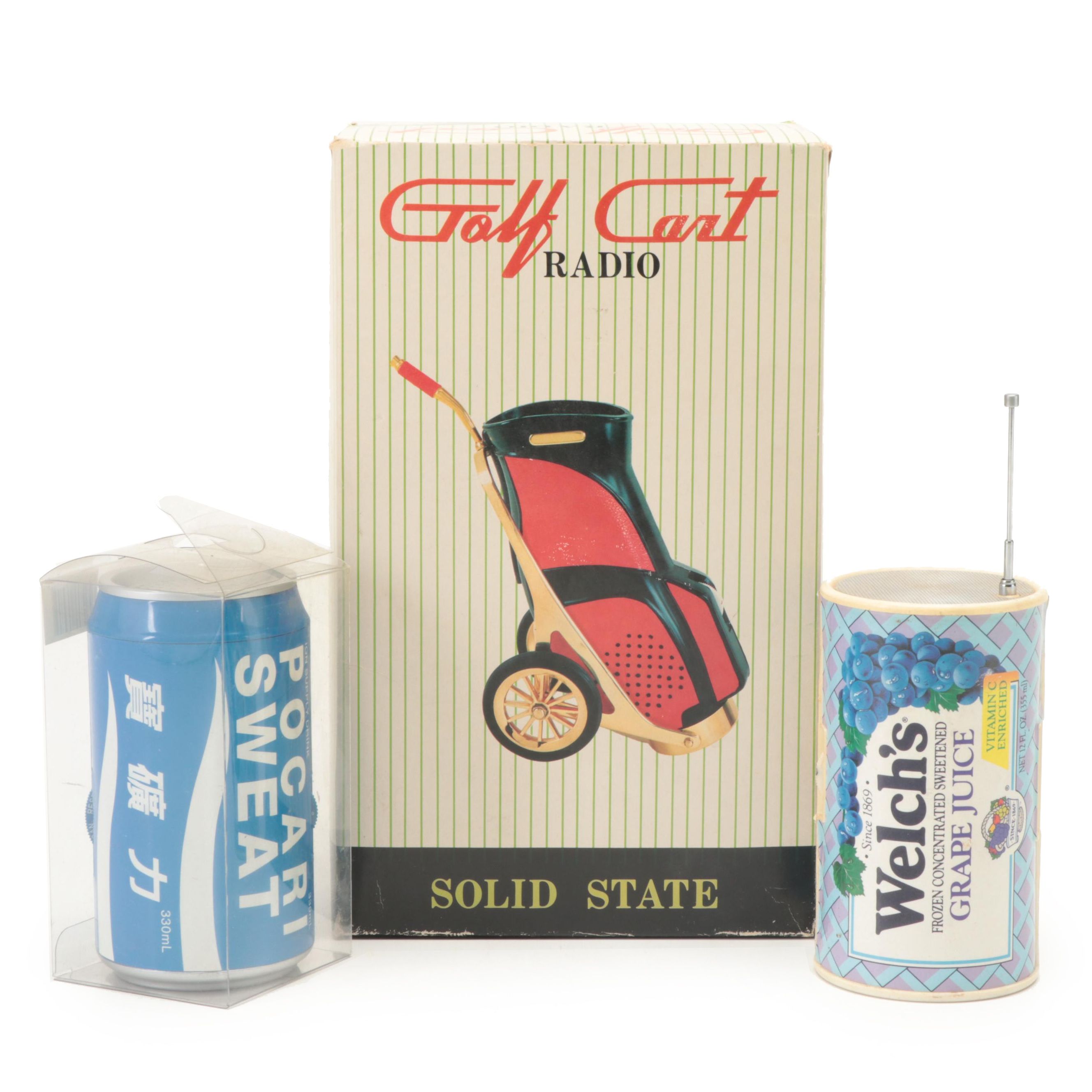 Welch's Grape Juice Can and Golf Cart Radios with Procari Sweat Energy Drink Can