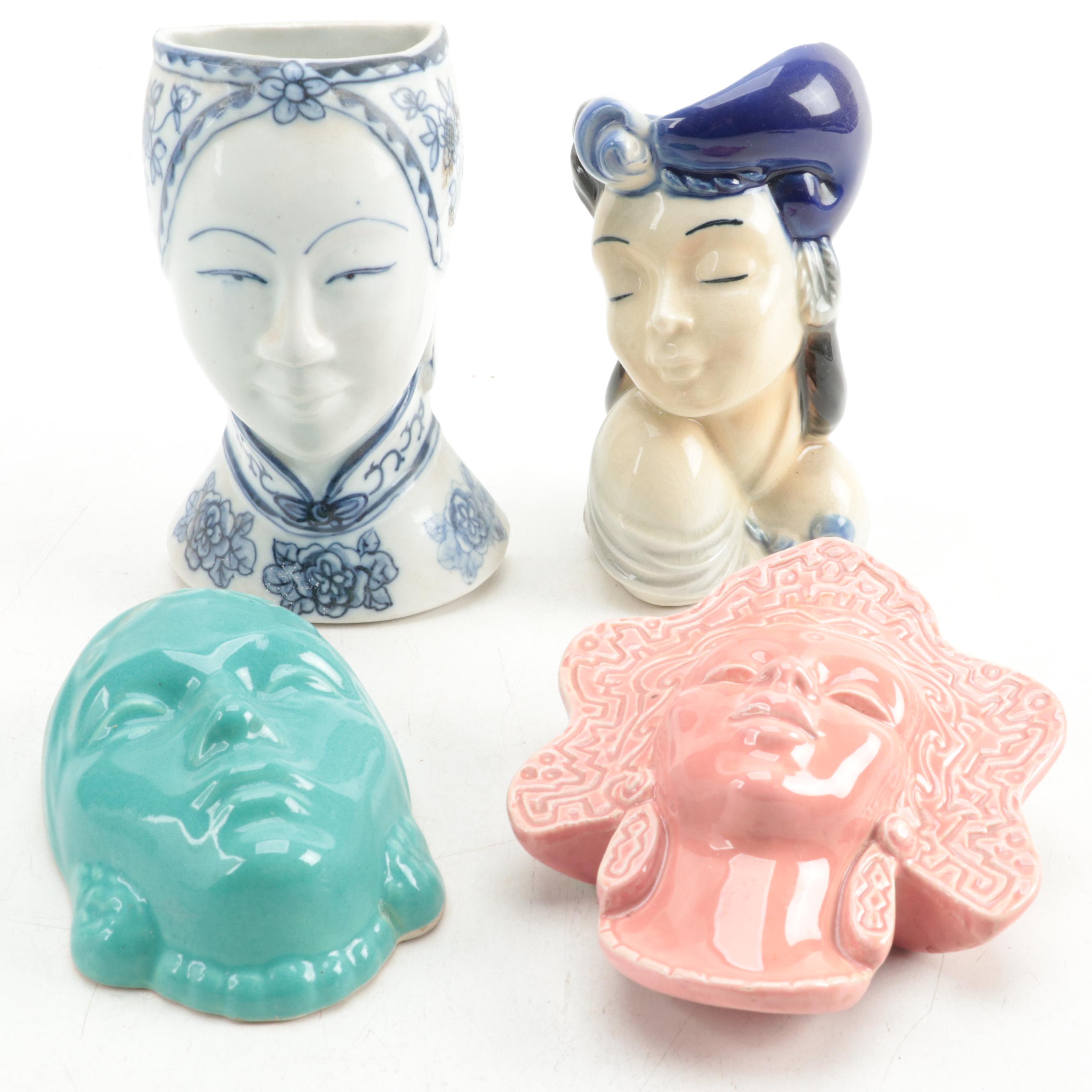 Royal Copley Lady Head Wall Pocket and Other Glazed Ceramic Figural Wall Pockets