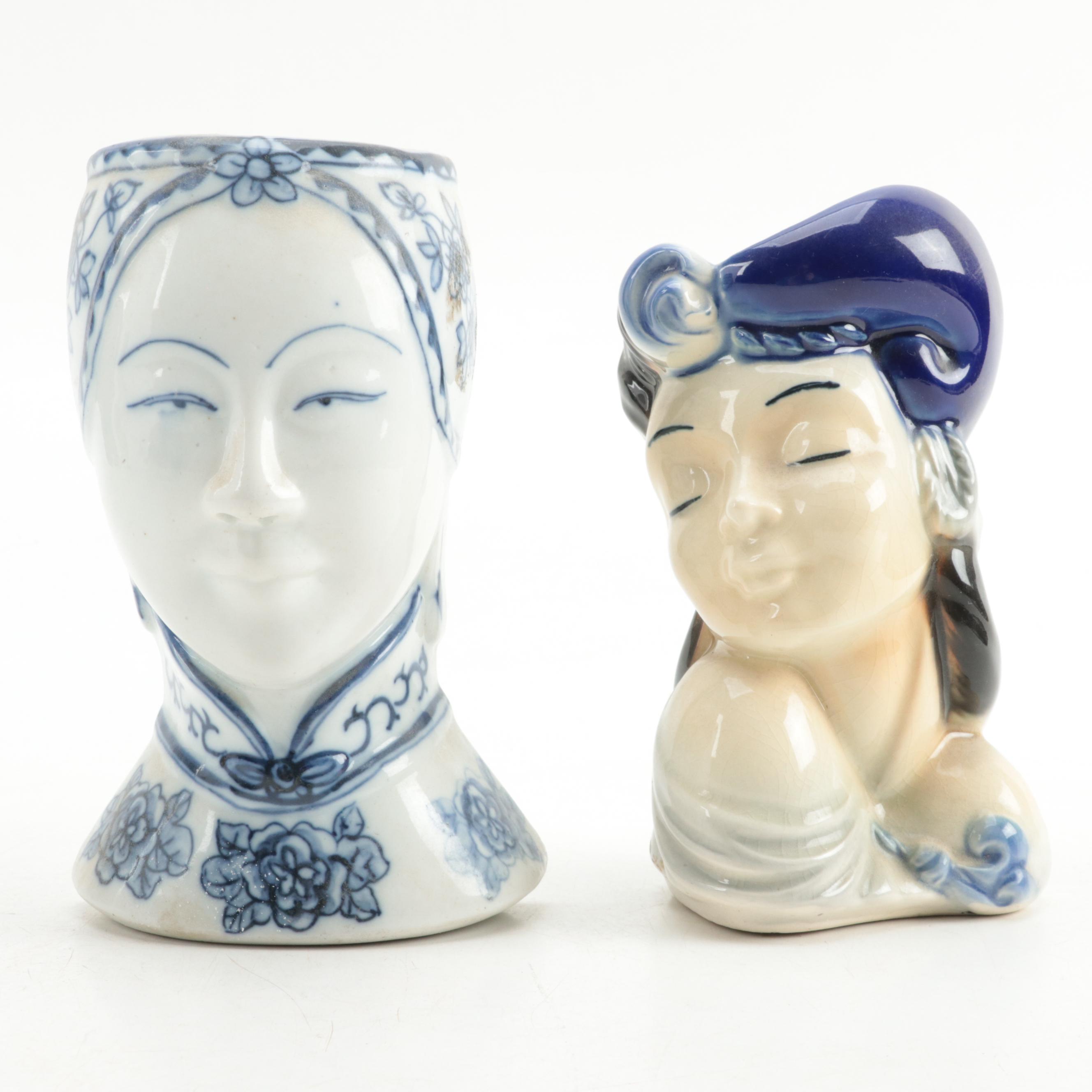 Royal Copley Lady Head Wall Pocket and Other Glazed Ceramic Figural Wall Pockets