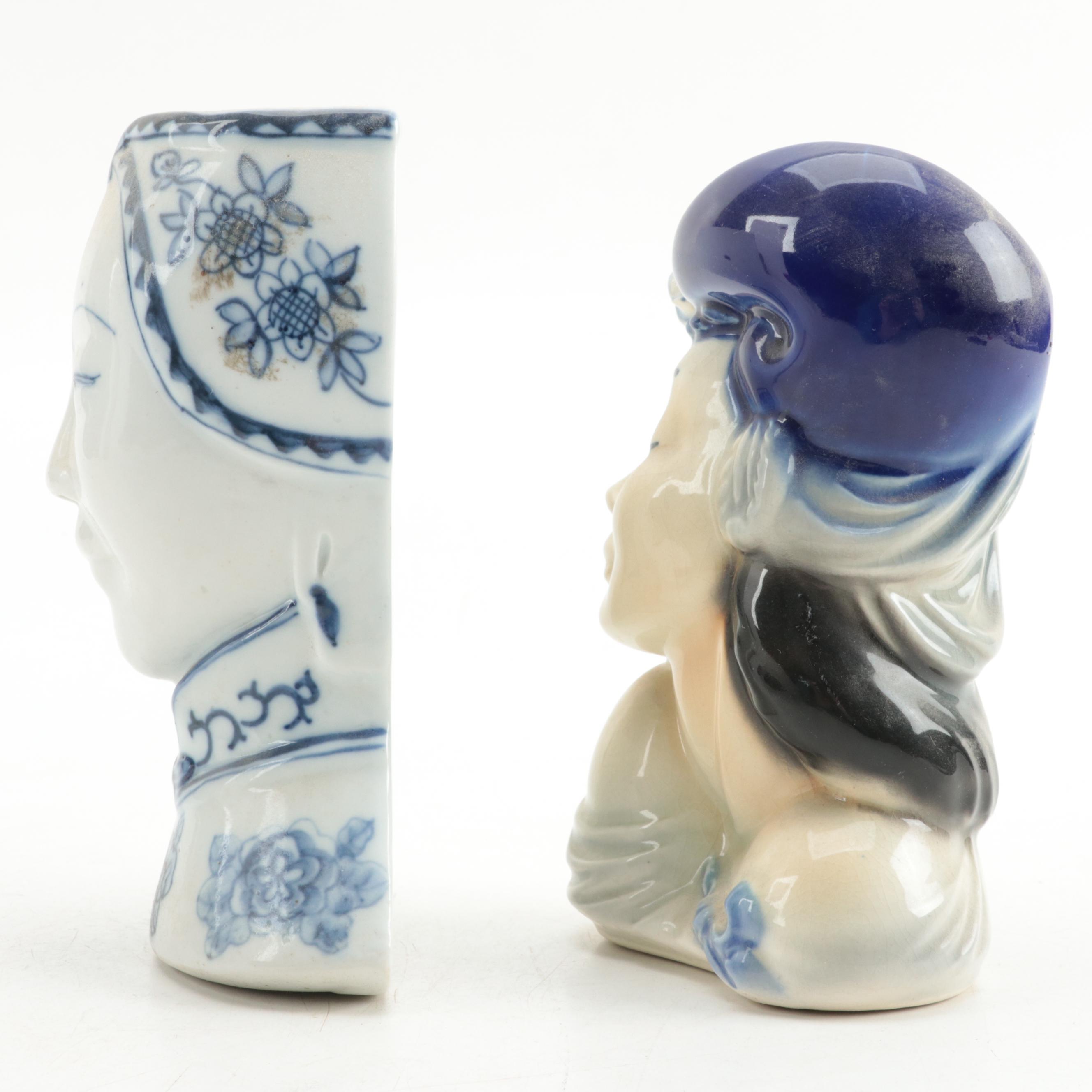 Royal Copley Lady Head Wall Pocket and Other Glazed Ceramic Figural Wall Pockets