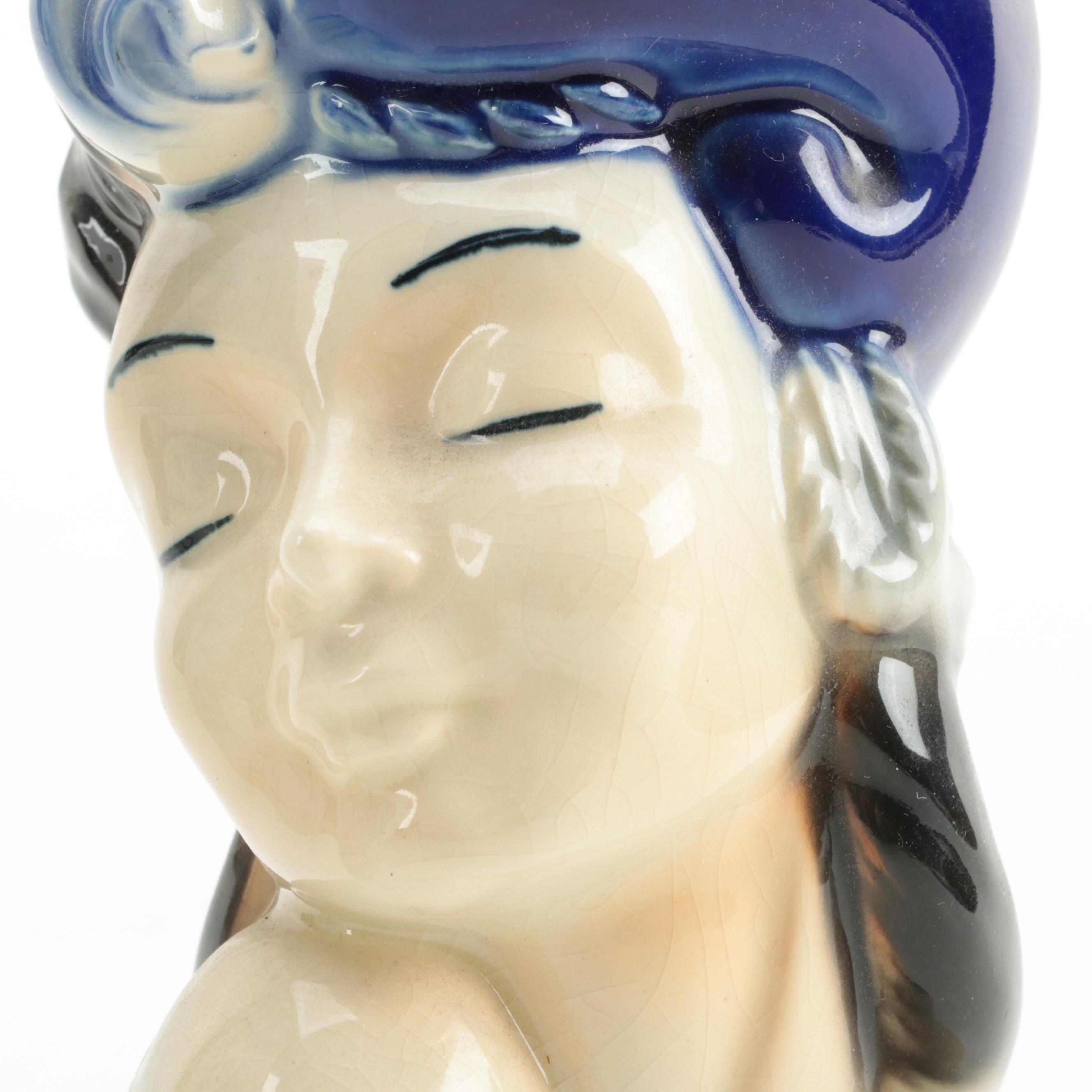 Royal Copley Lady Head Wall Pocket and Other Glazed Ceramic Figural Wall Pockets