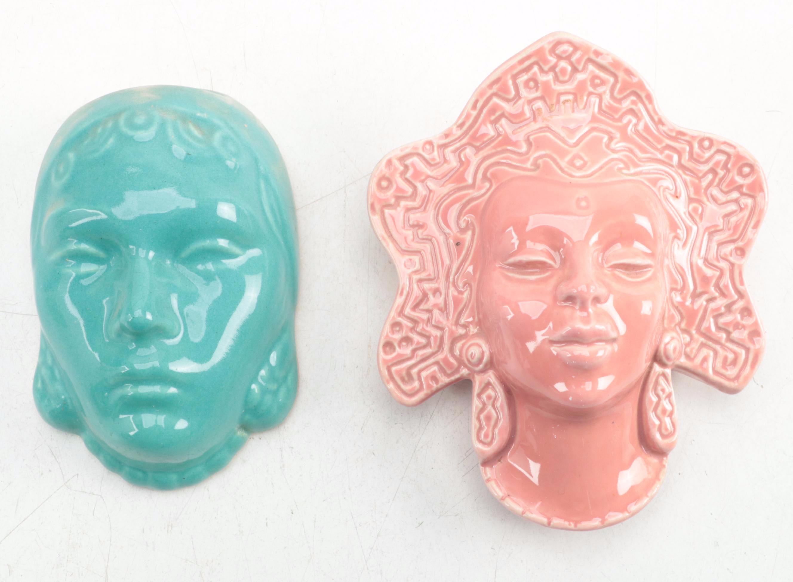 Royal Copley Lady Head Wall Pocket and Other Glazed Ceramic Figural Wall Pockets