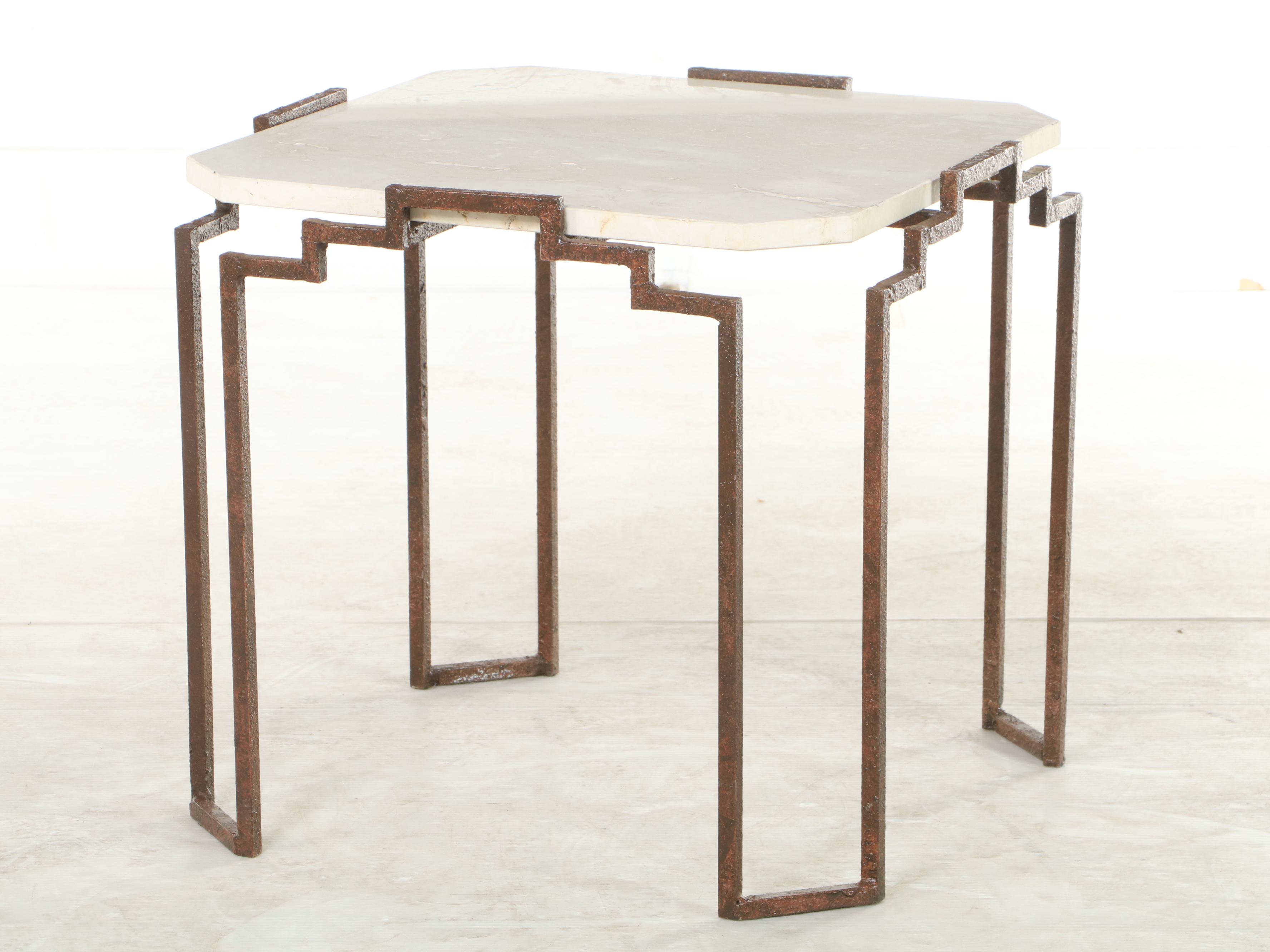 Art Deco Style Copper-Finished Metal and White Stone Top Side Table