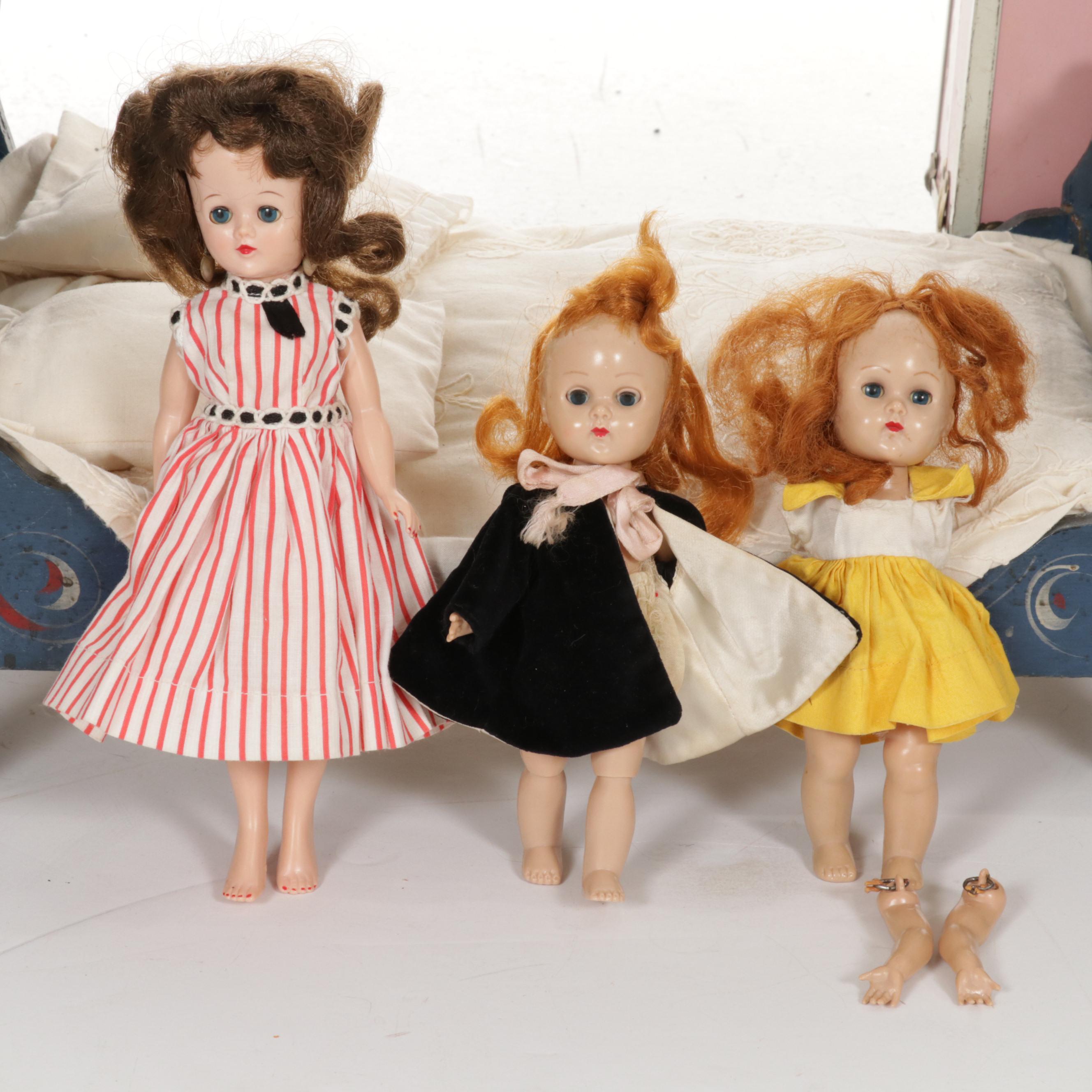 "Ginny" and "Jill" Dolls, Clothes and Case with Hand Painted Bedroom Furniture