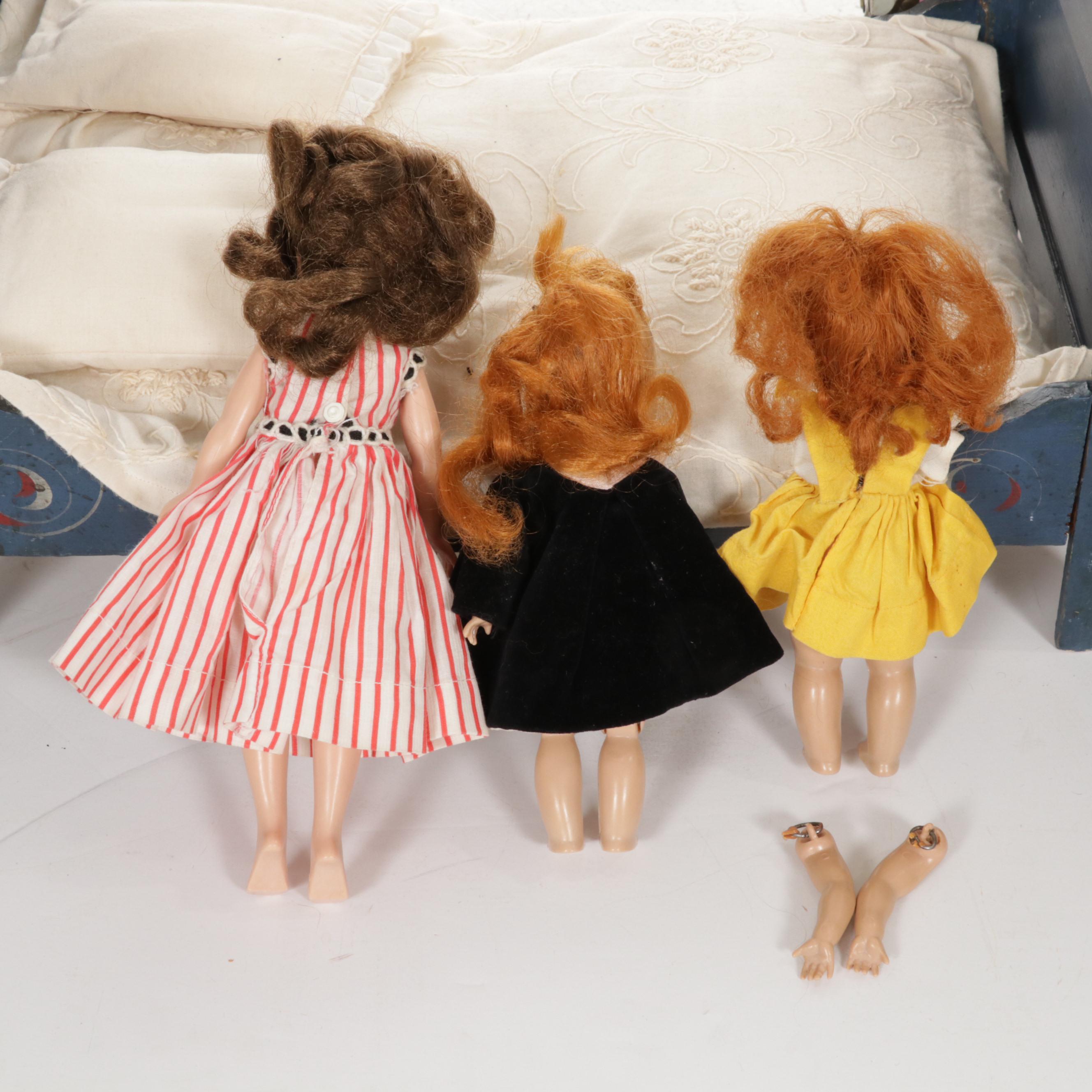 "Ginny" and "Jill" Dolls, Clothes and Case with Hand Painted Bedroom Furniture