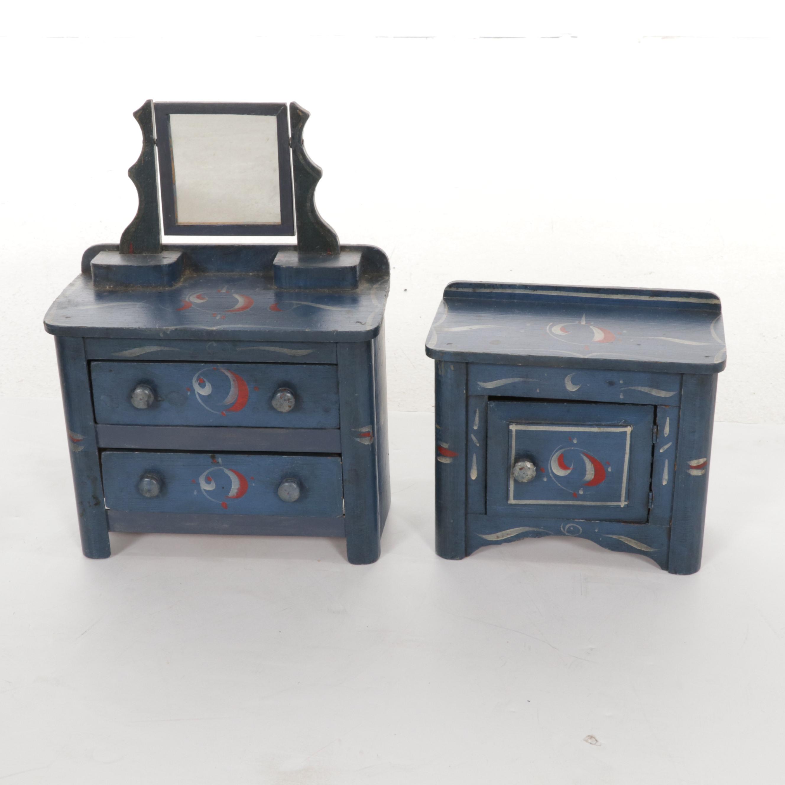 "Ginny" and "Jill" Dolls, Clothes and Case with Hand Painted Bedroom Furniture