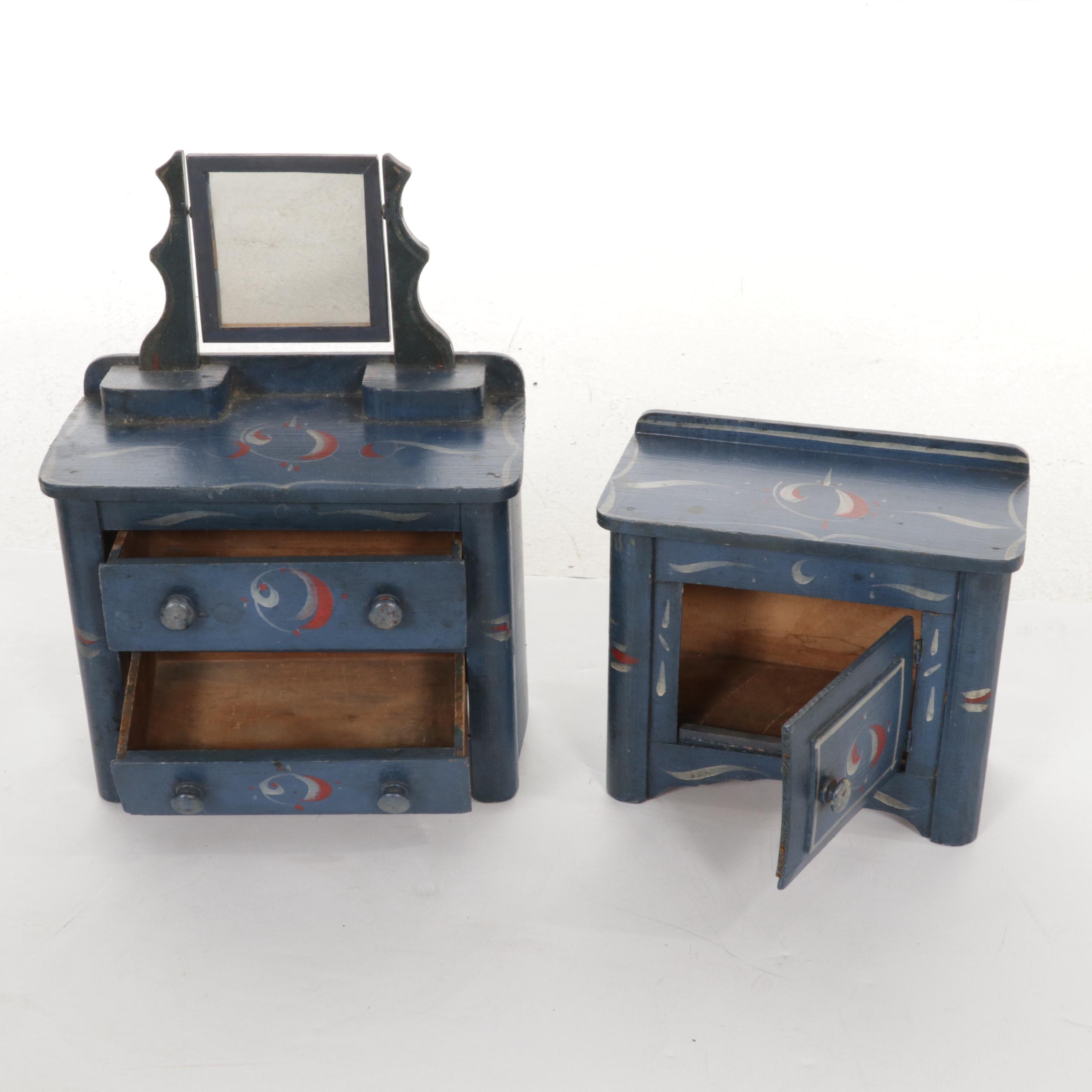 "Ginny" and "Jill" Dolls, Clothes and Case with Hand Painted Bedroom Furniture