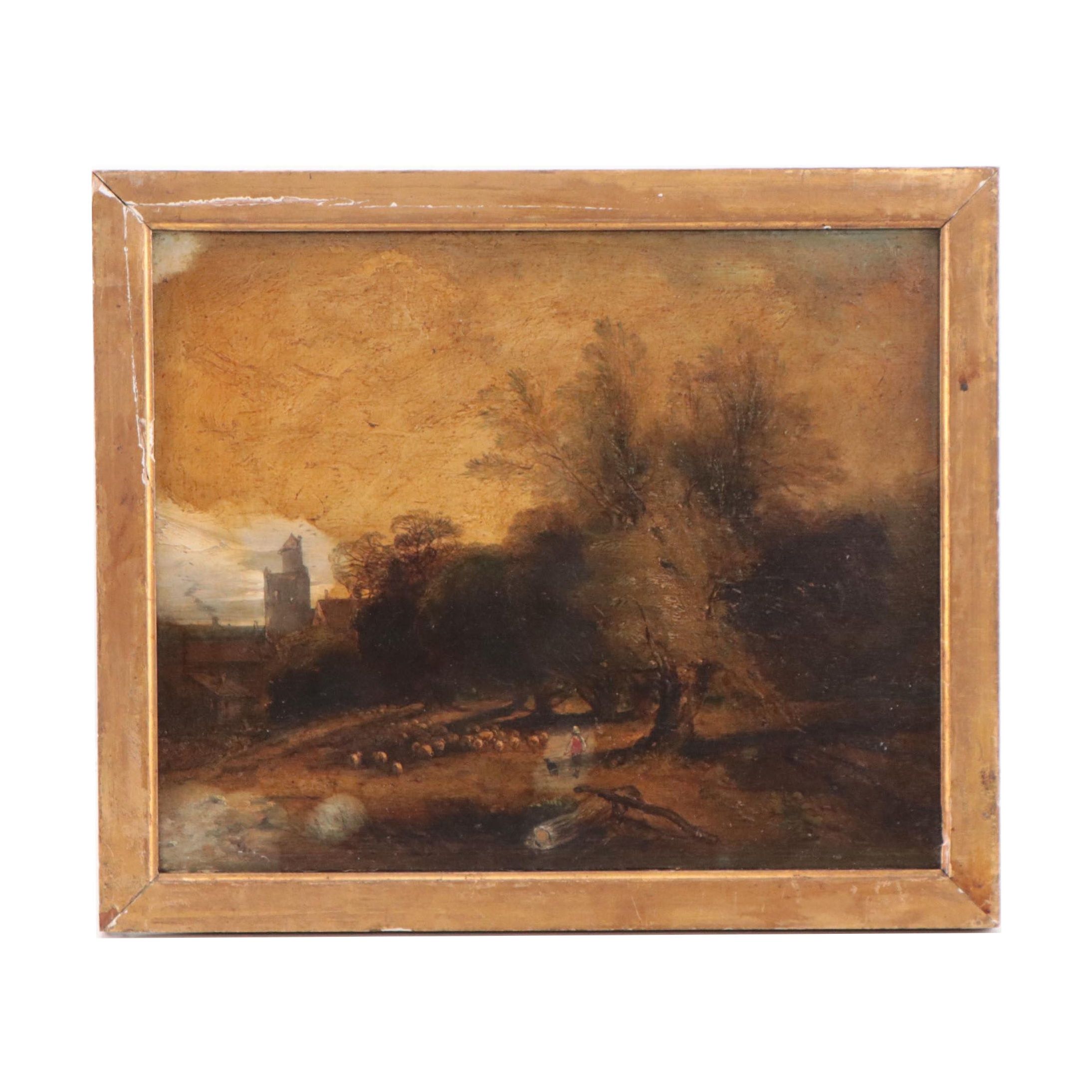 Landscape Oil Painting of Shepherd in the Forest, Late 19th Century