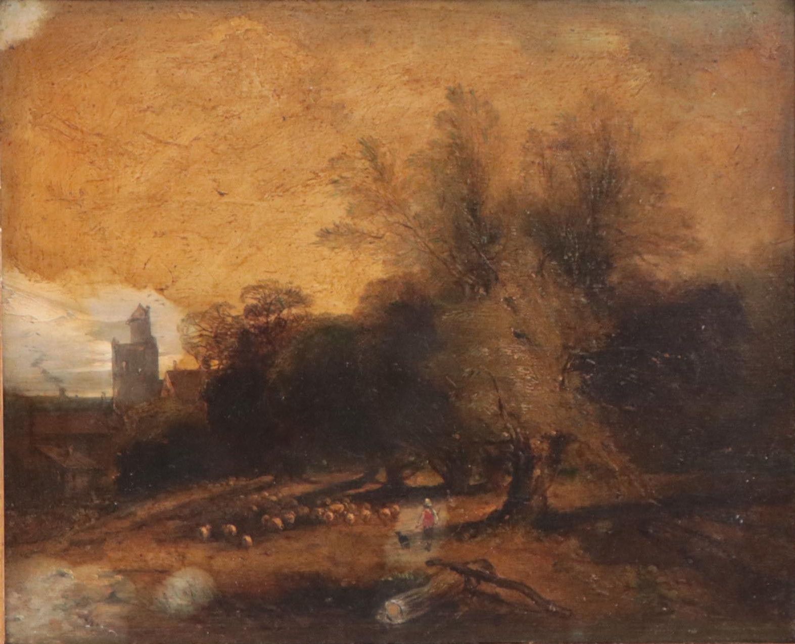 Landscape Oil Painting of Shepherd in the Forest, Late 19th Century