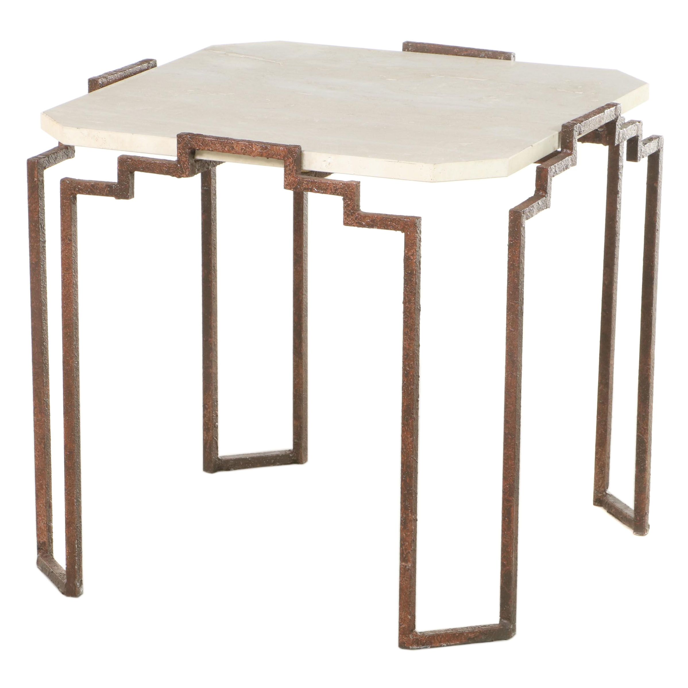 Art Deco Style Copper-Finished Metal and White Stone Top Side Table