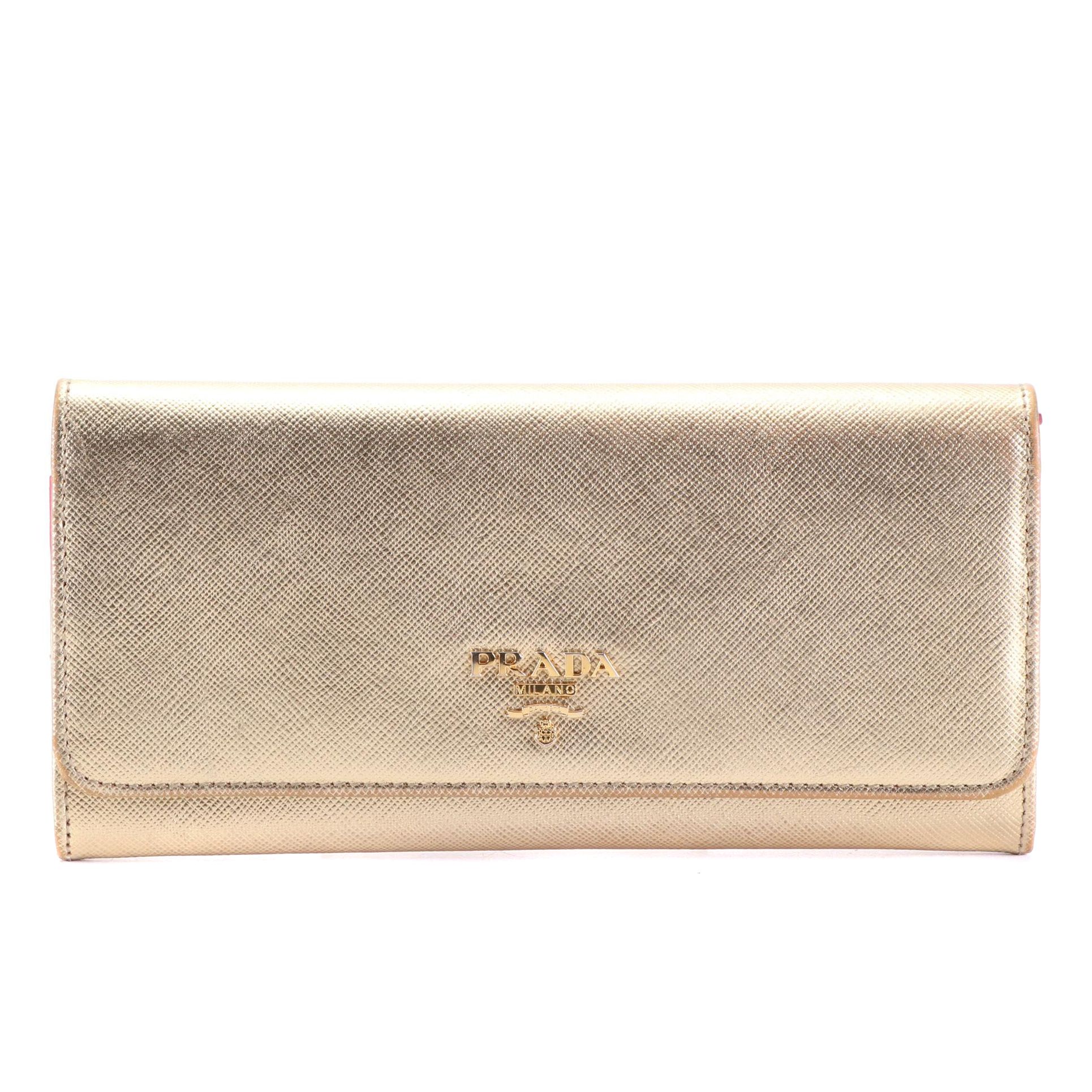 Prada Continental Wallet in Metallic Saffiano Leather with Box