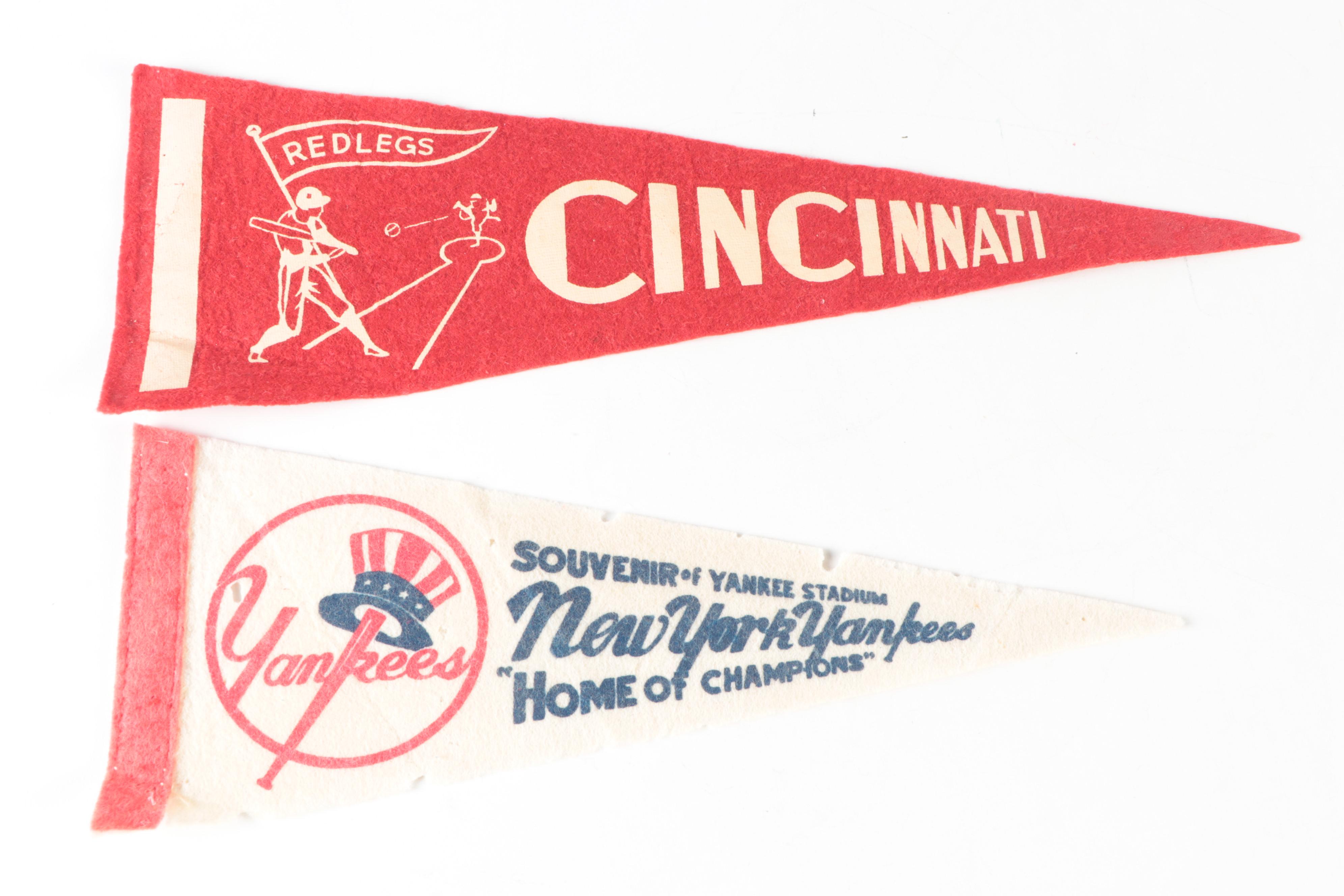 Baseball, Hockey Mini Felt Pennants With Yankees, Reds, Sabres, More, 1960s
