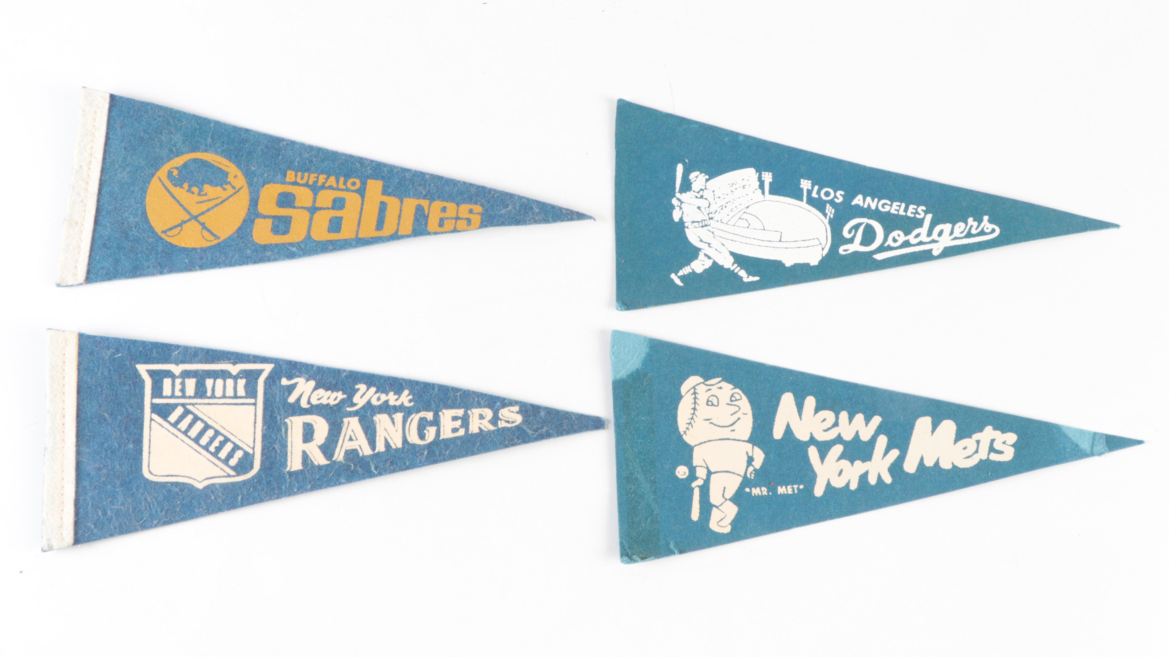 Baseball, Hockey Mini Felt Pennants With Yankees, Reds, Sabres, More, 1960s