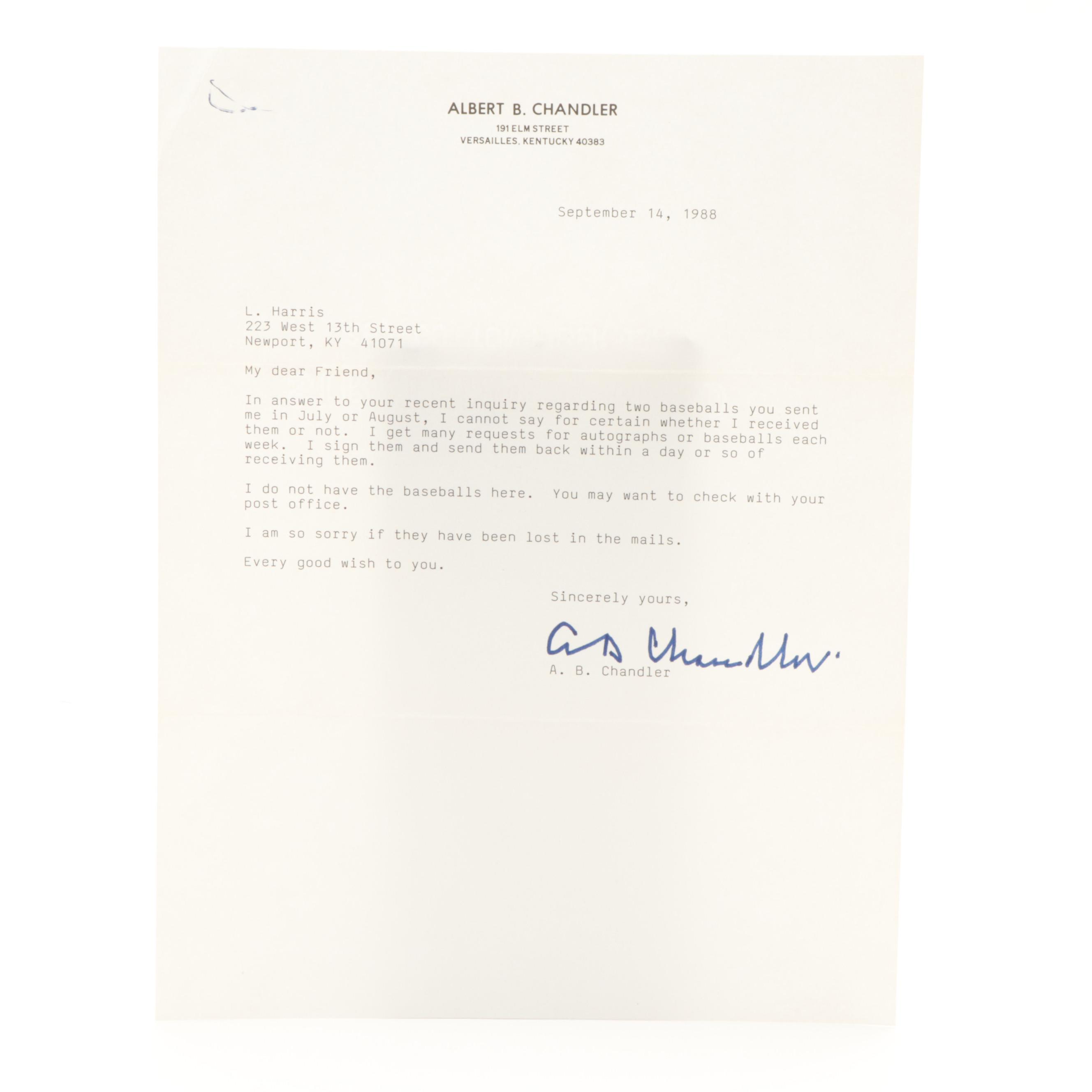 Albert B. "Happy" Chandler Signed Apologetic Fan Response Letter, 1988