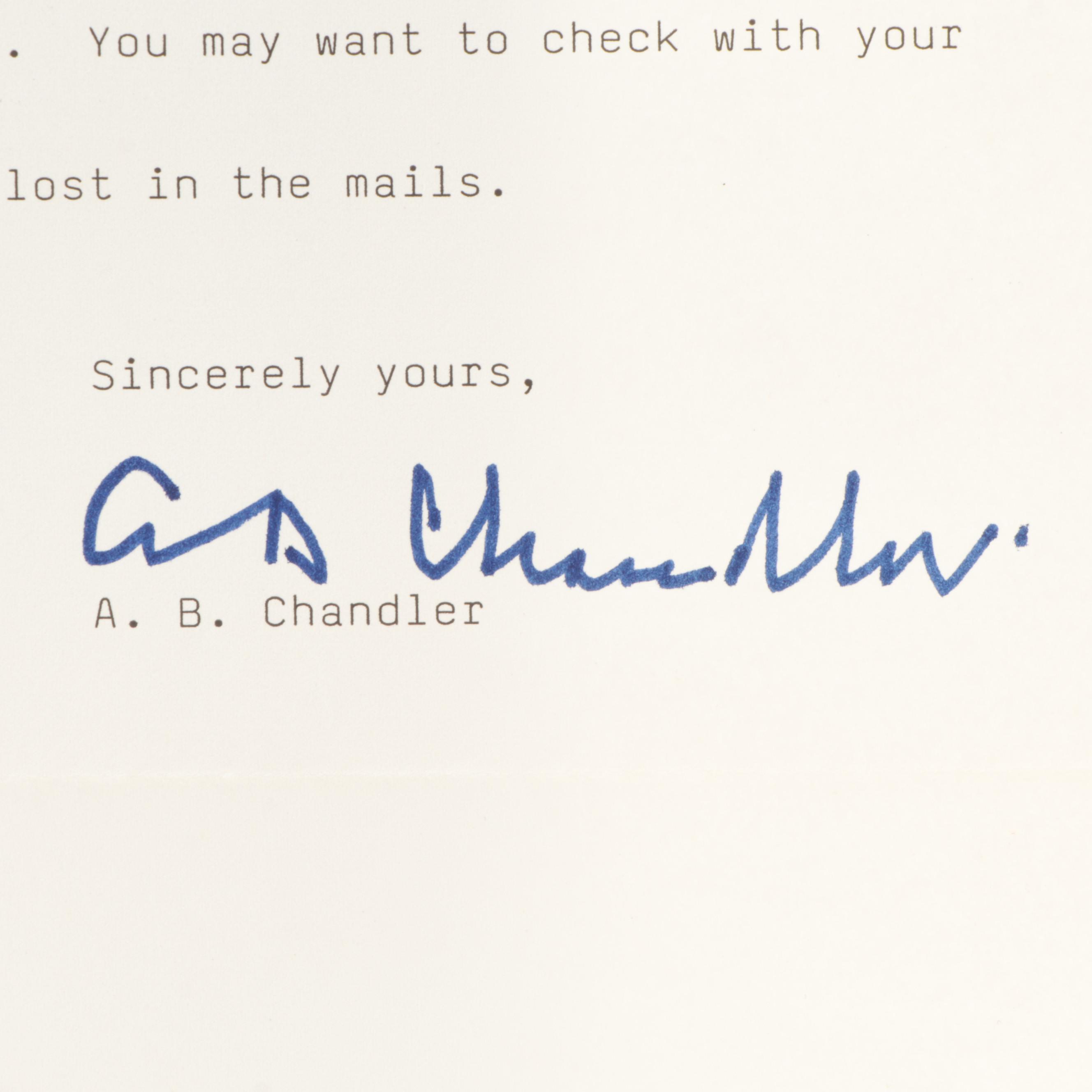 Albert B. "Happy" Chandler Signed Apologetic Fan Response Letter, 1988