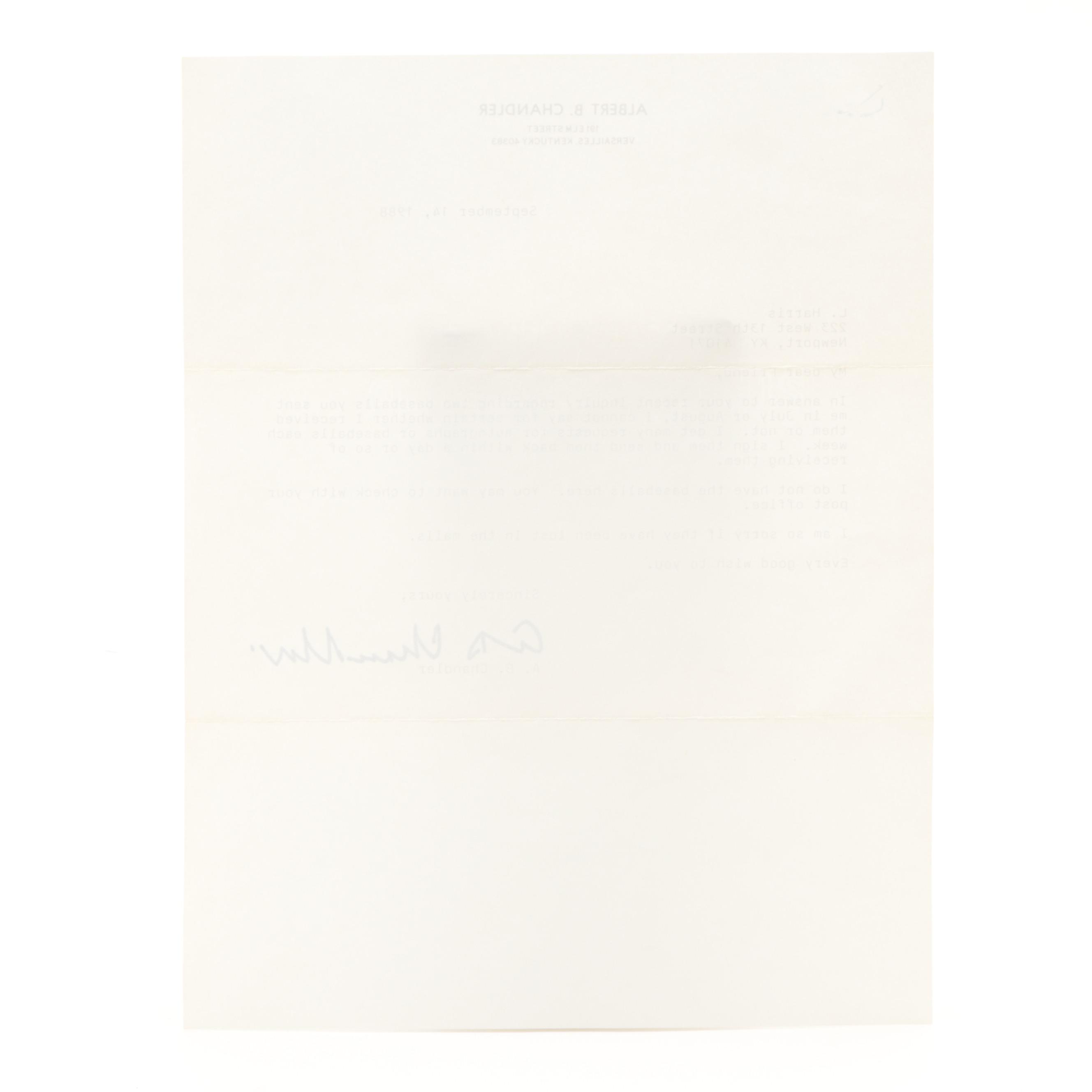 Albert B. "Happy" Chandler Signed Apologetic Fan Response Letter, 1988