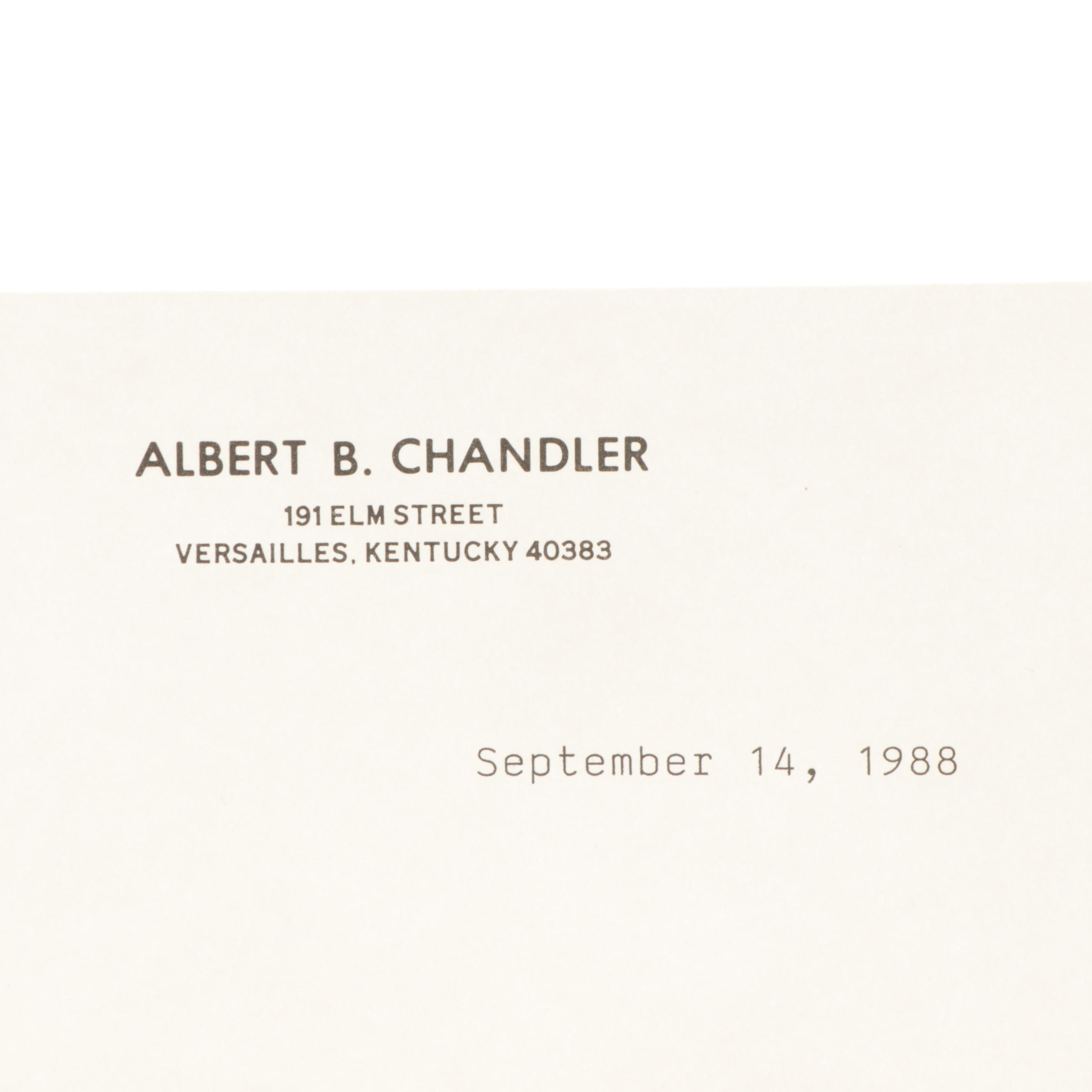 Albert B. "Happy" Chandler Signed Apologetic Fan Response Letter, 1988