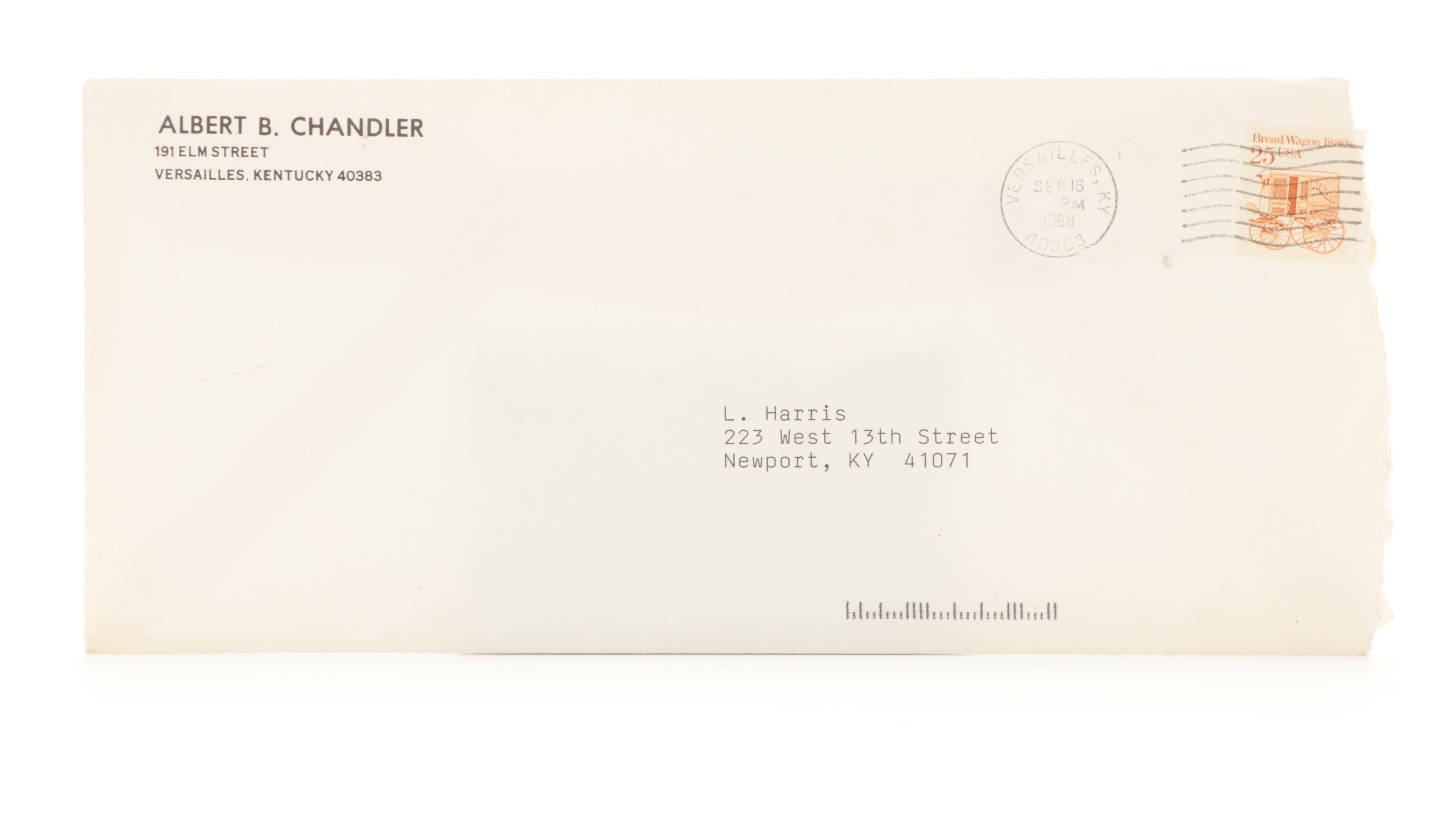 Albert B. "Happy" Chandler Signed Apologetic Fan Response Letter, 1988