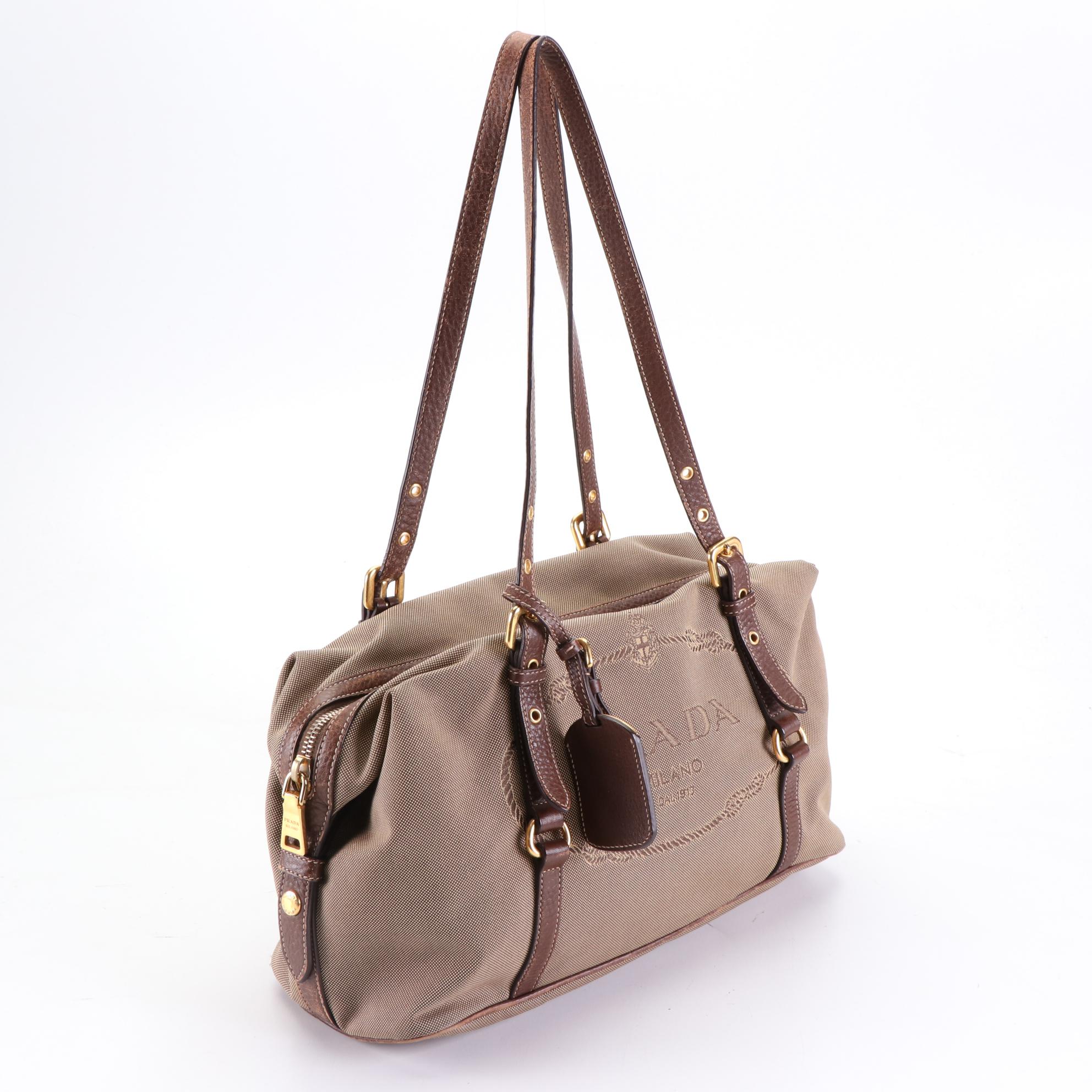 Prada Medium Zip Shoulder Bag in Logo Jacquard Canvas and Brown Leather