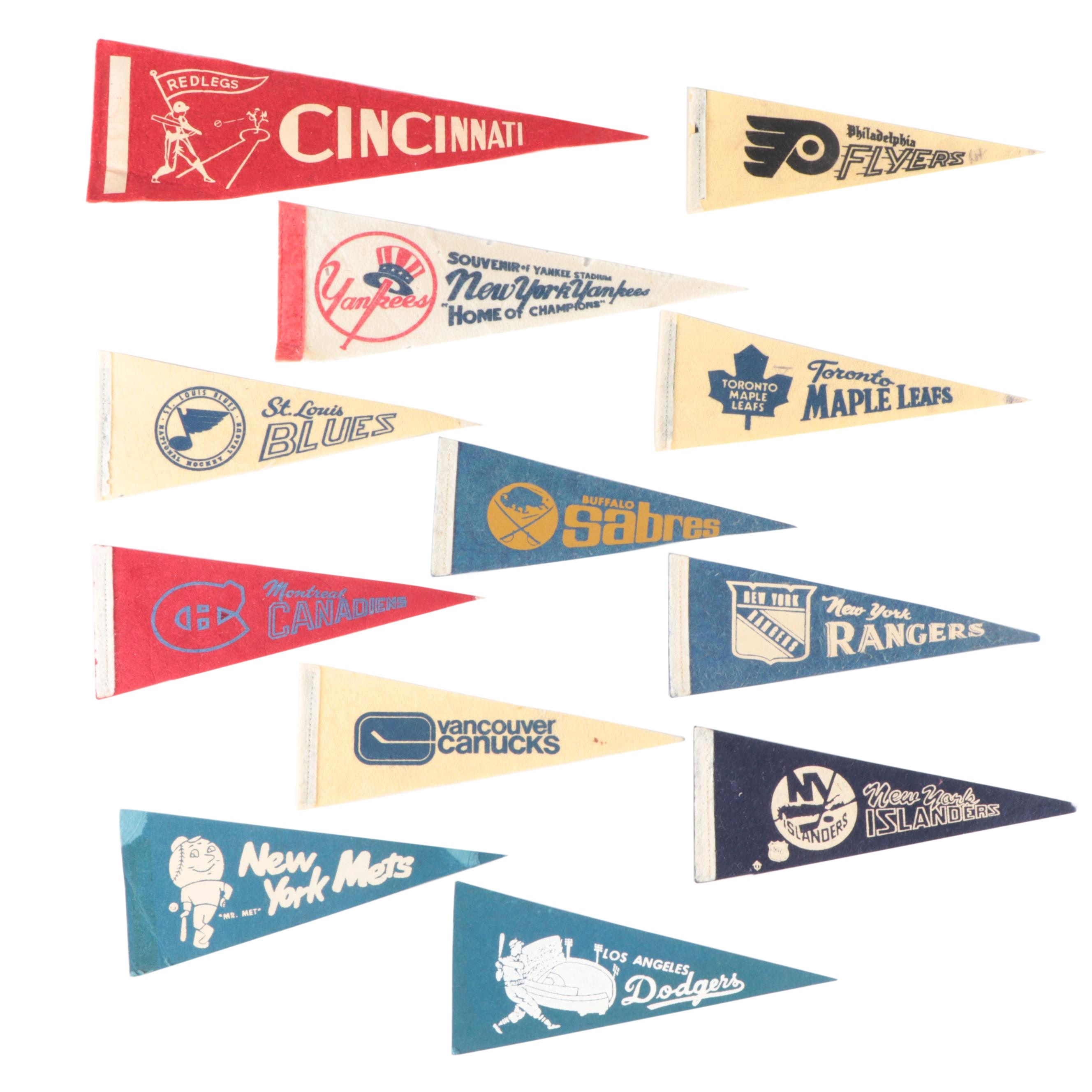 Baseball, Hockey Mini Felt Pennants With Yankees, Reds, Sabres, More, 1960s