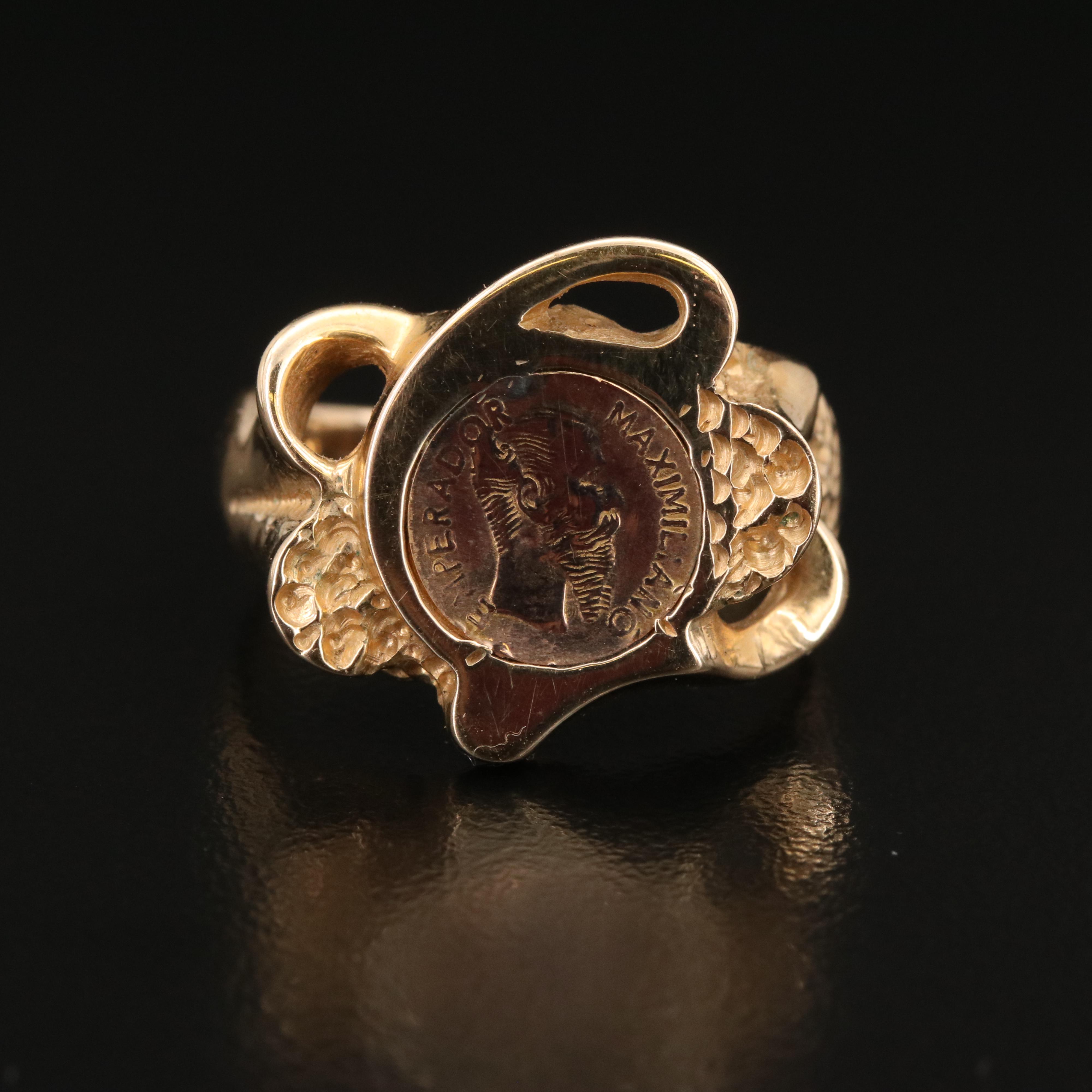 14K Ring with 1865 Mexico Maximiliano 8K Gold Re-Strike Coin