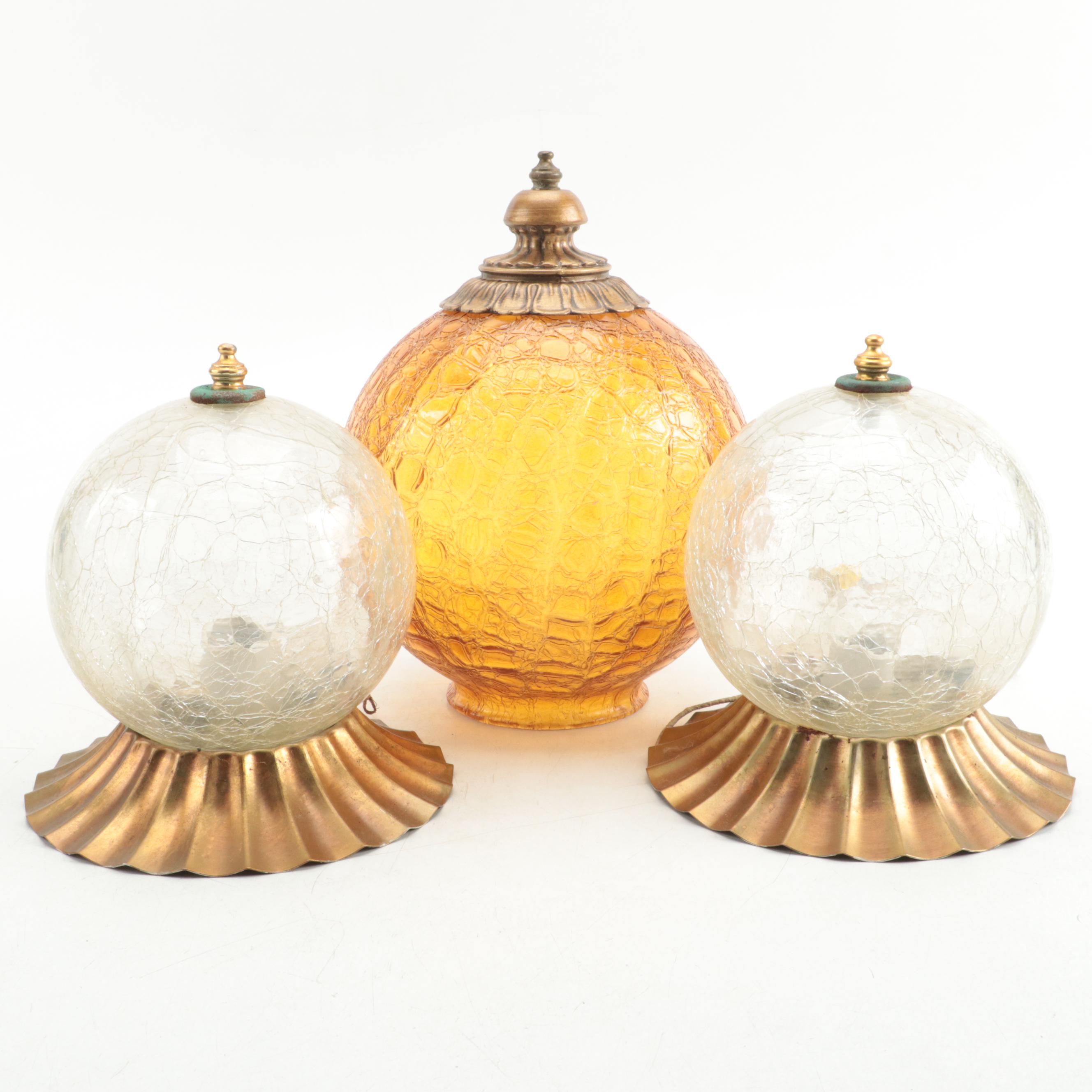 Pair of Lite Trend Ceiling Mount Crackle Glass Globe Lights and Amber Globe