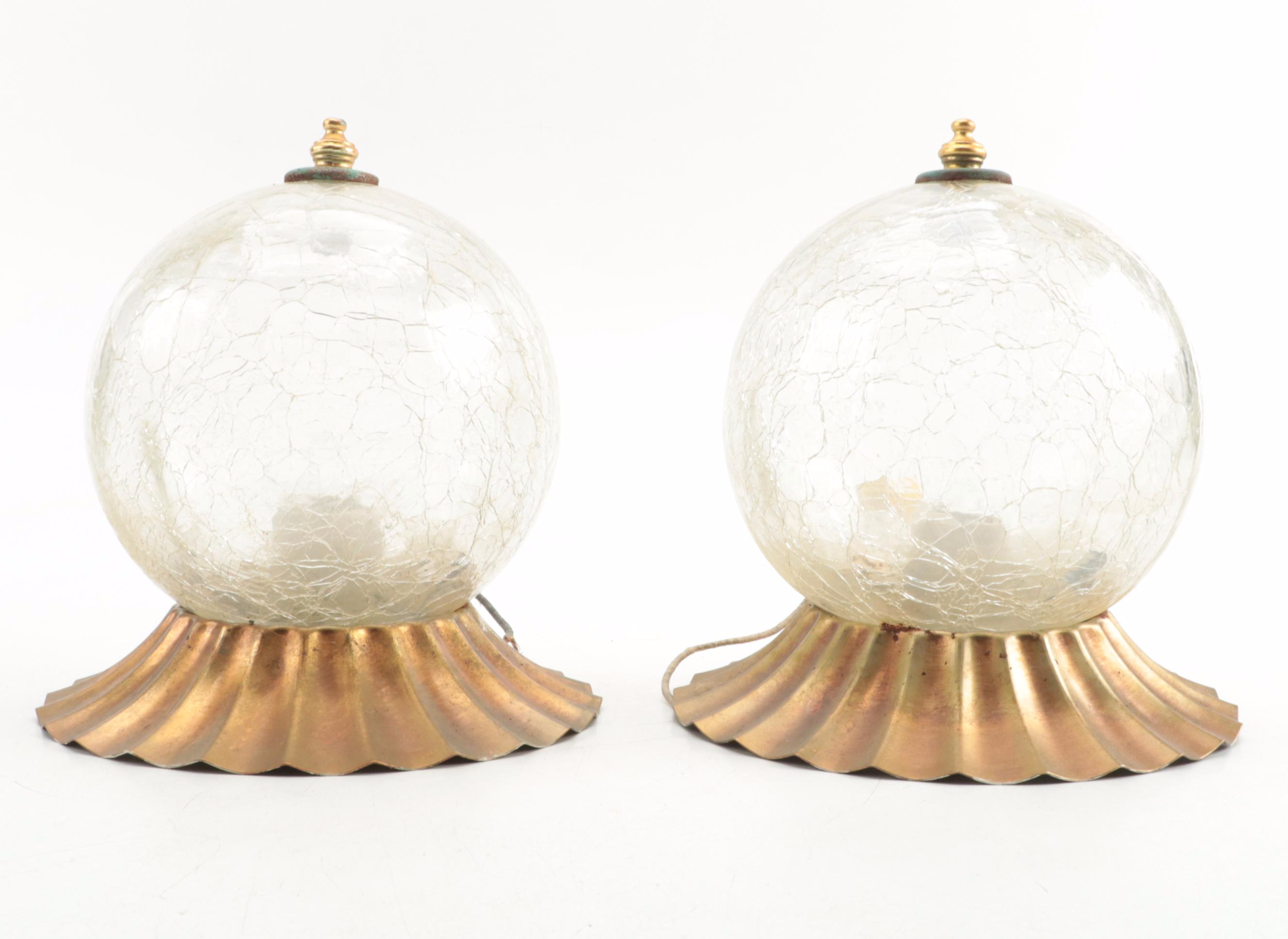 Pair of Lite Trend Ceiling Mount Crackle Glass Globe Lights and Amber Globe