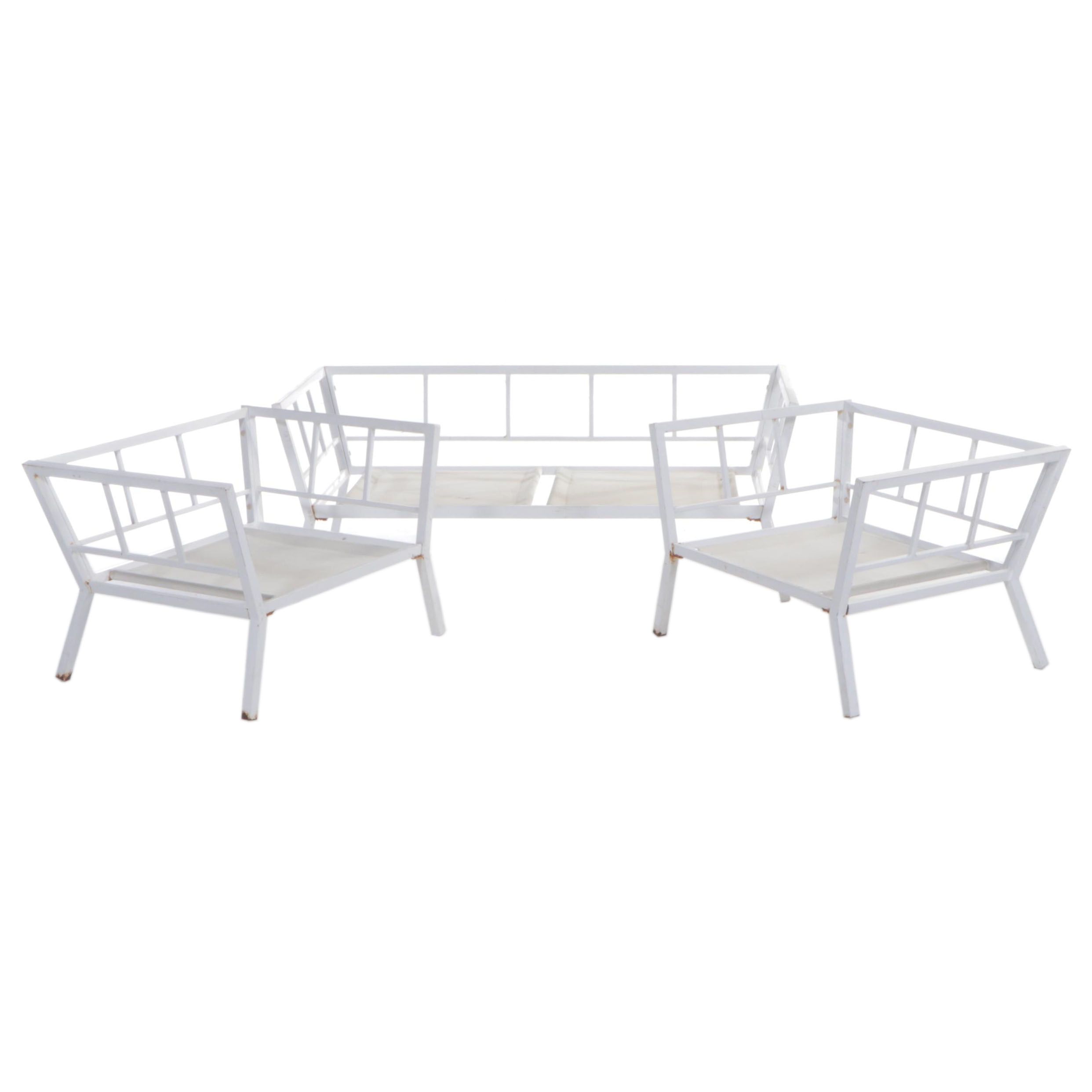 White Powder-Coated Metal Patio Sofa and Two Lounge Chairs, Late 20th Century