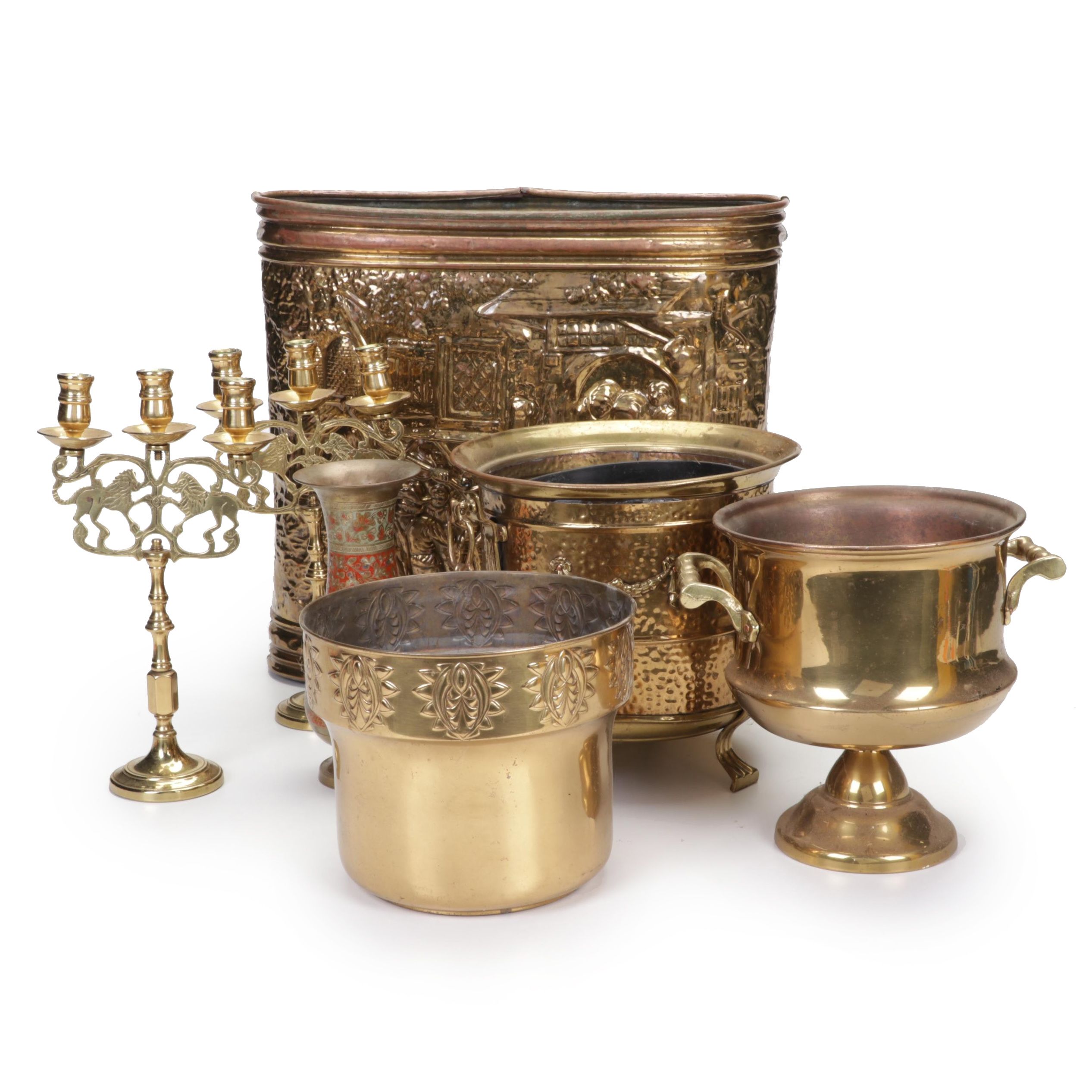 Brass Umbrella Stand, Candlestick Candelabra, Vase, and More