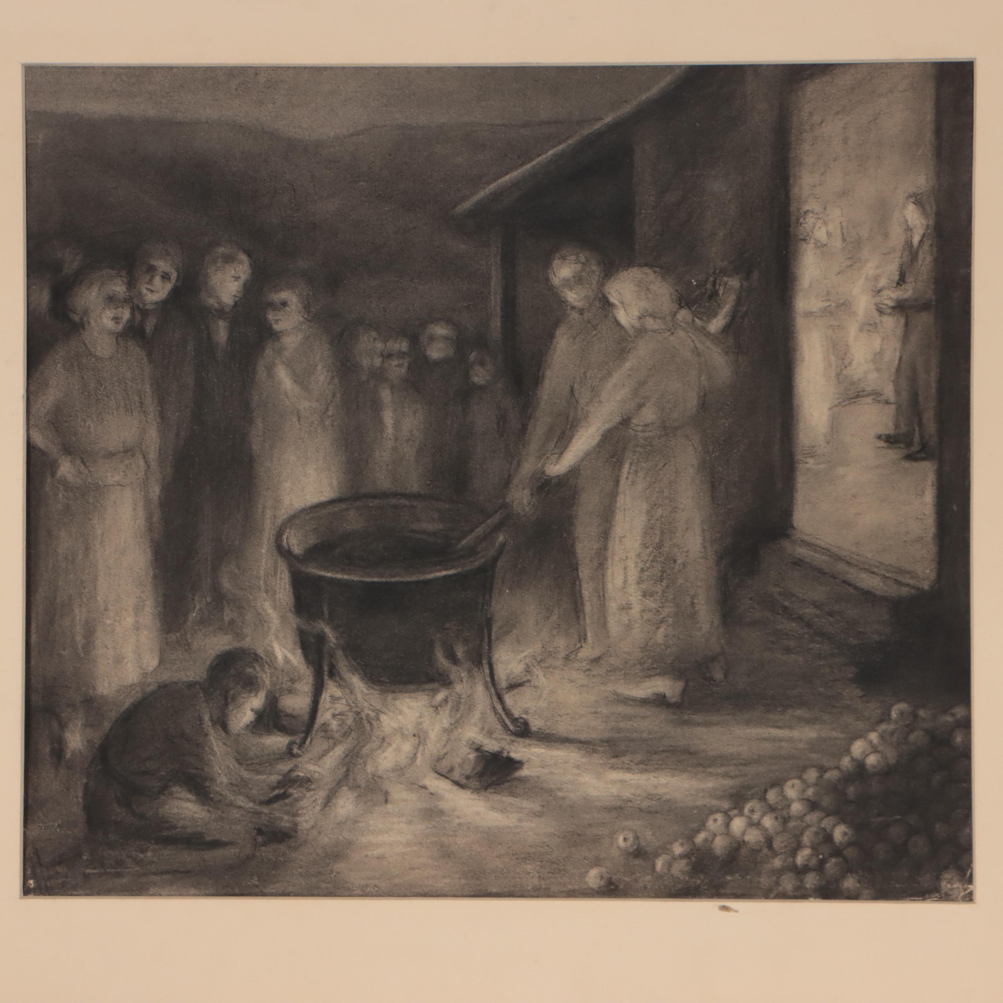 R. Jeen Watercolor Painting and Charcoal Drawing Attributed to Nora Houston