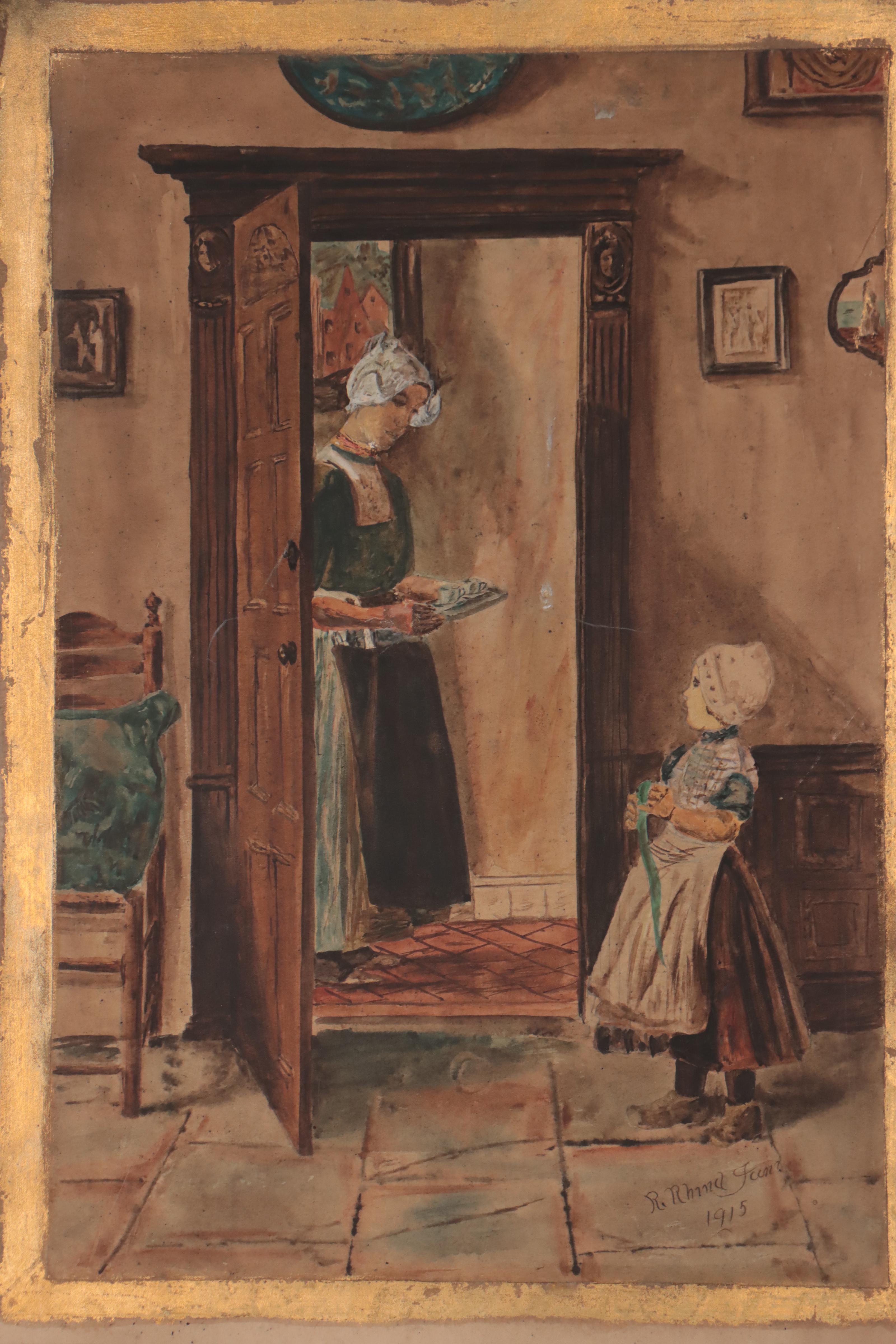 R. Jeen Watercolor Painting and Charcoal Drawing Attributed to Nora Houston