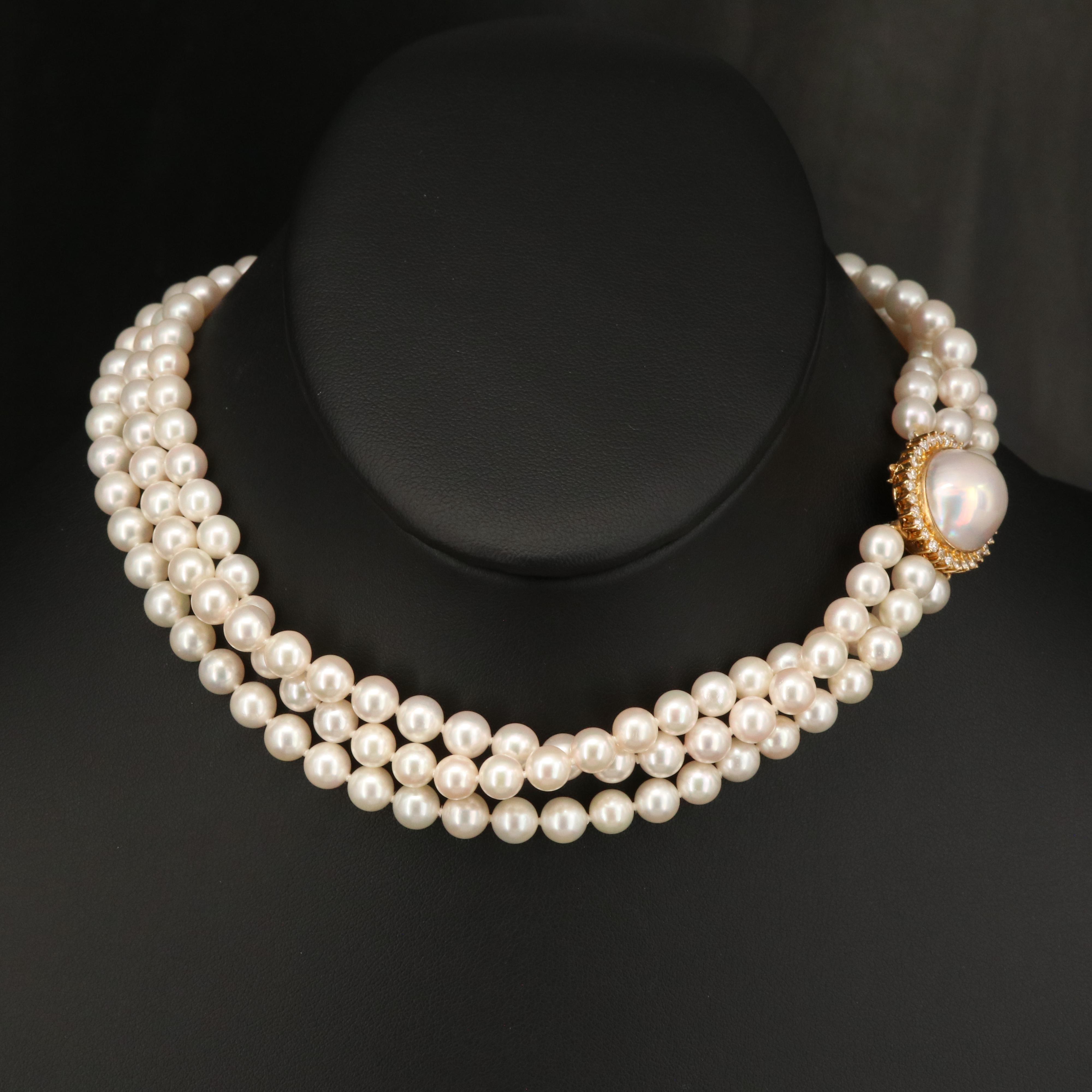 Pearl Triple Strand Necklace with 18K Mabé Pearl and Diamond Clasp