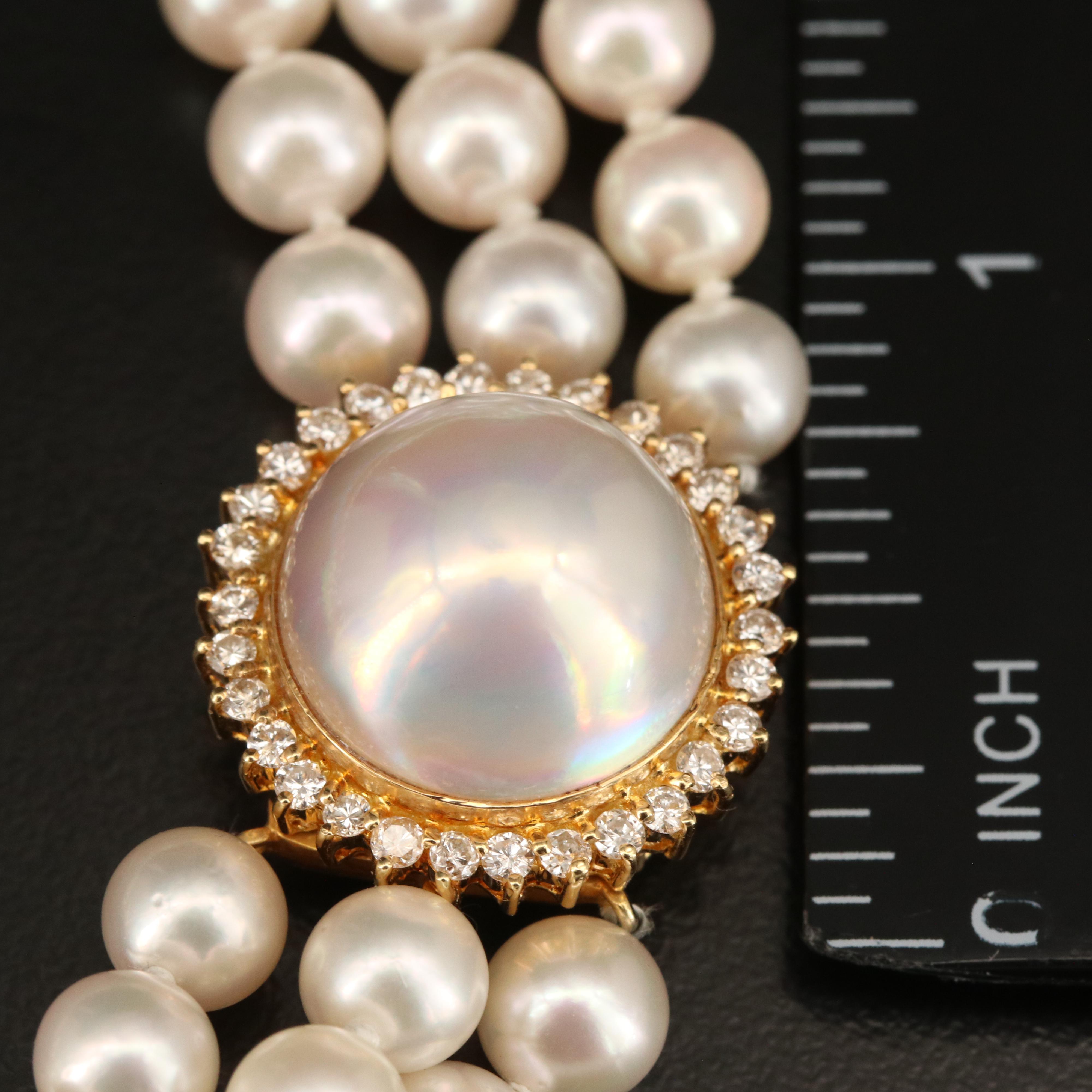 Pearl Triple Strand Necklace with 18K Mabé Pearl and Diamond Clasp
