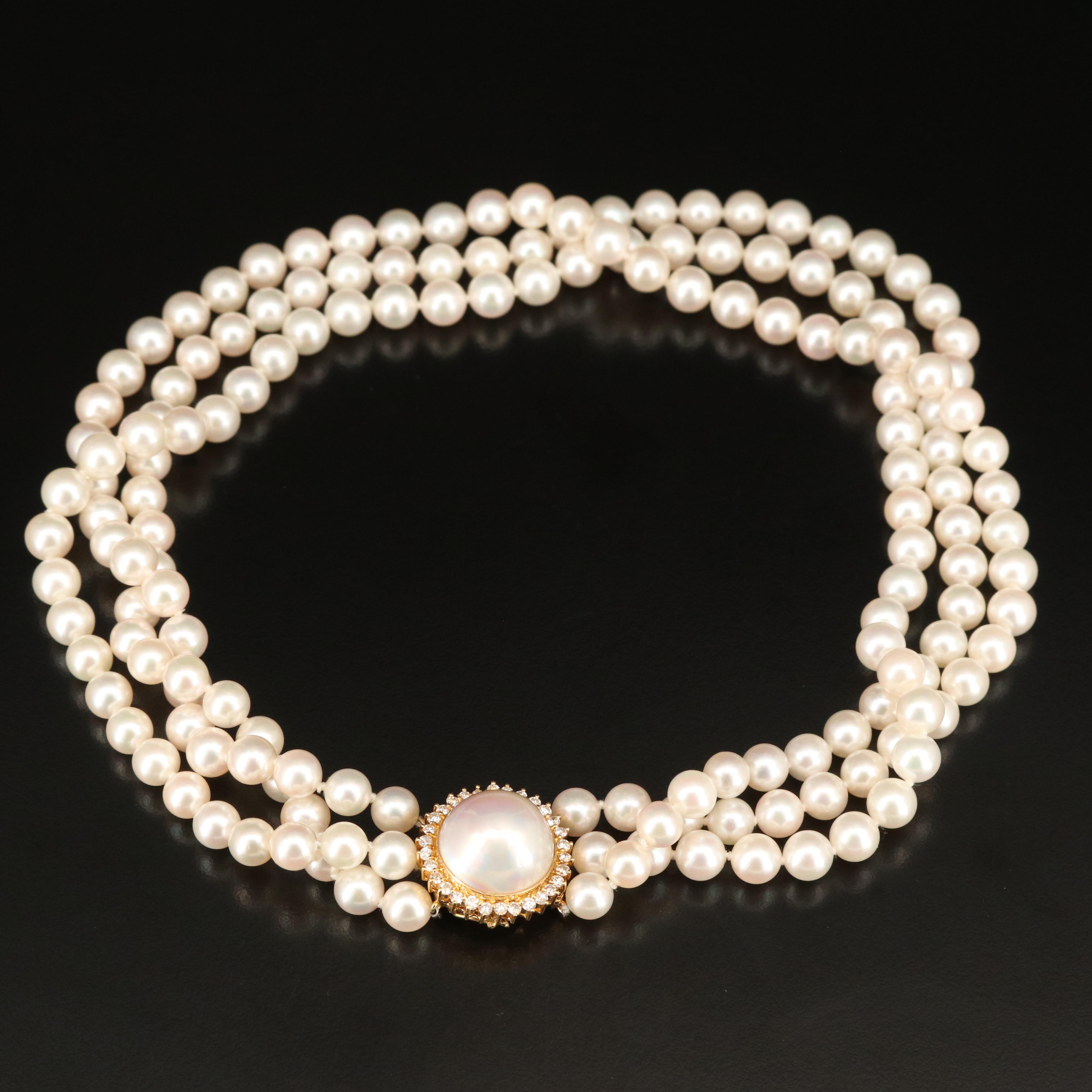 Pearl Triple Strand Necklace with 18K Mabé Pearl and Diamond Clasp