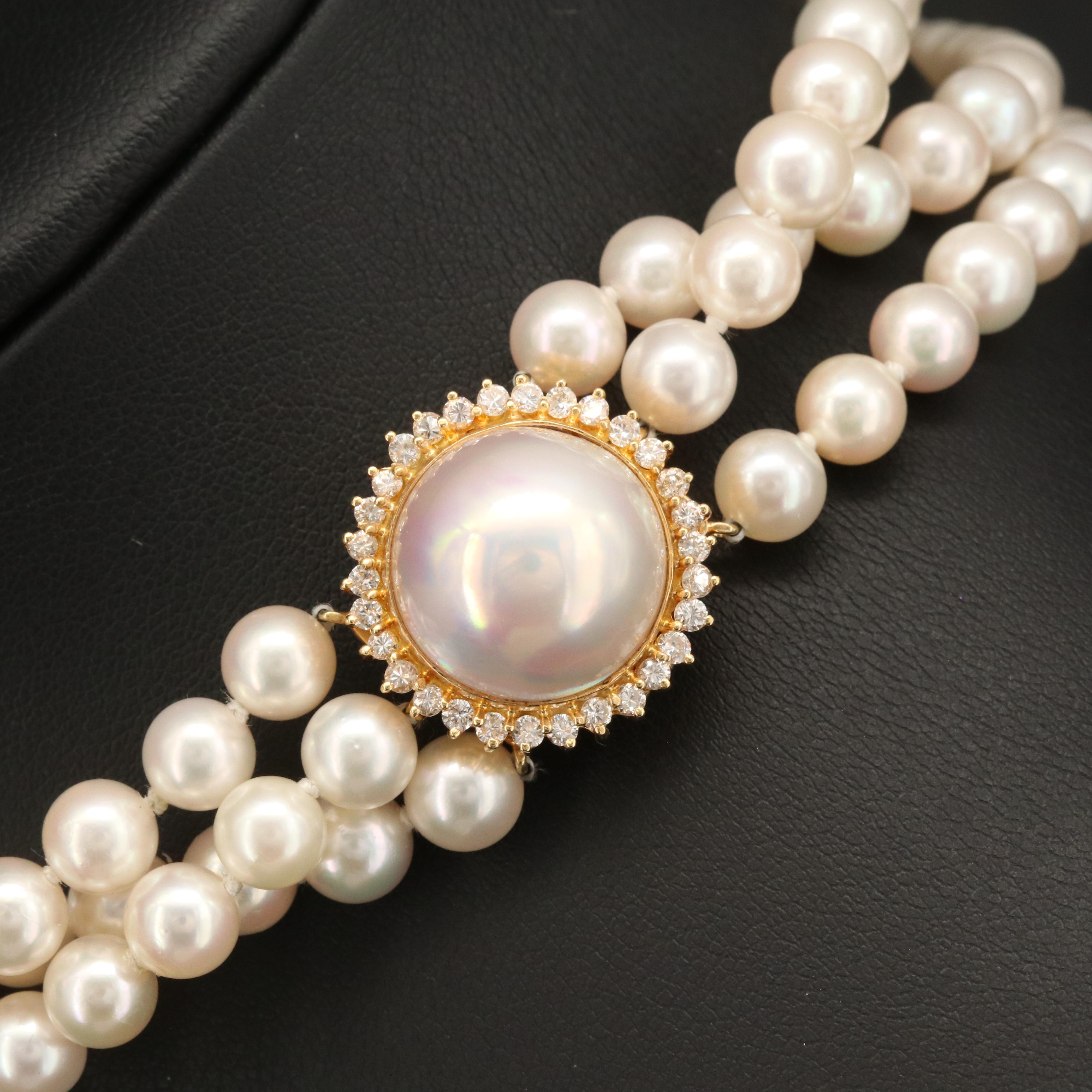 Pearl Triple Strand Necklace with 18K Mabé Pearl and Diamond Clasp
