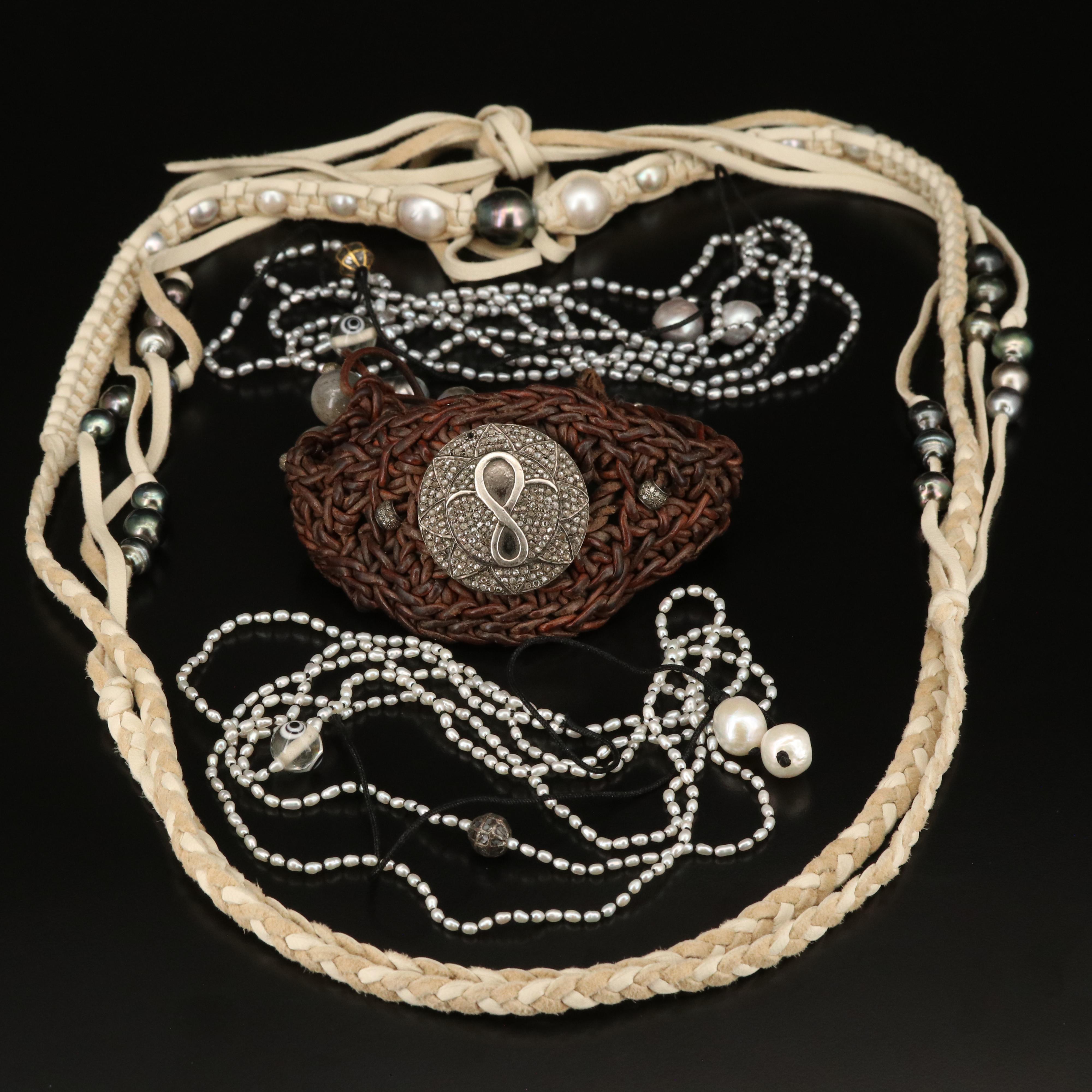 Diamond and Pearl Woven Necklaces Including Sterling Woven Infinity Bracelet
