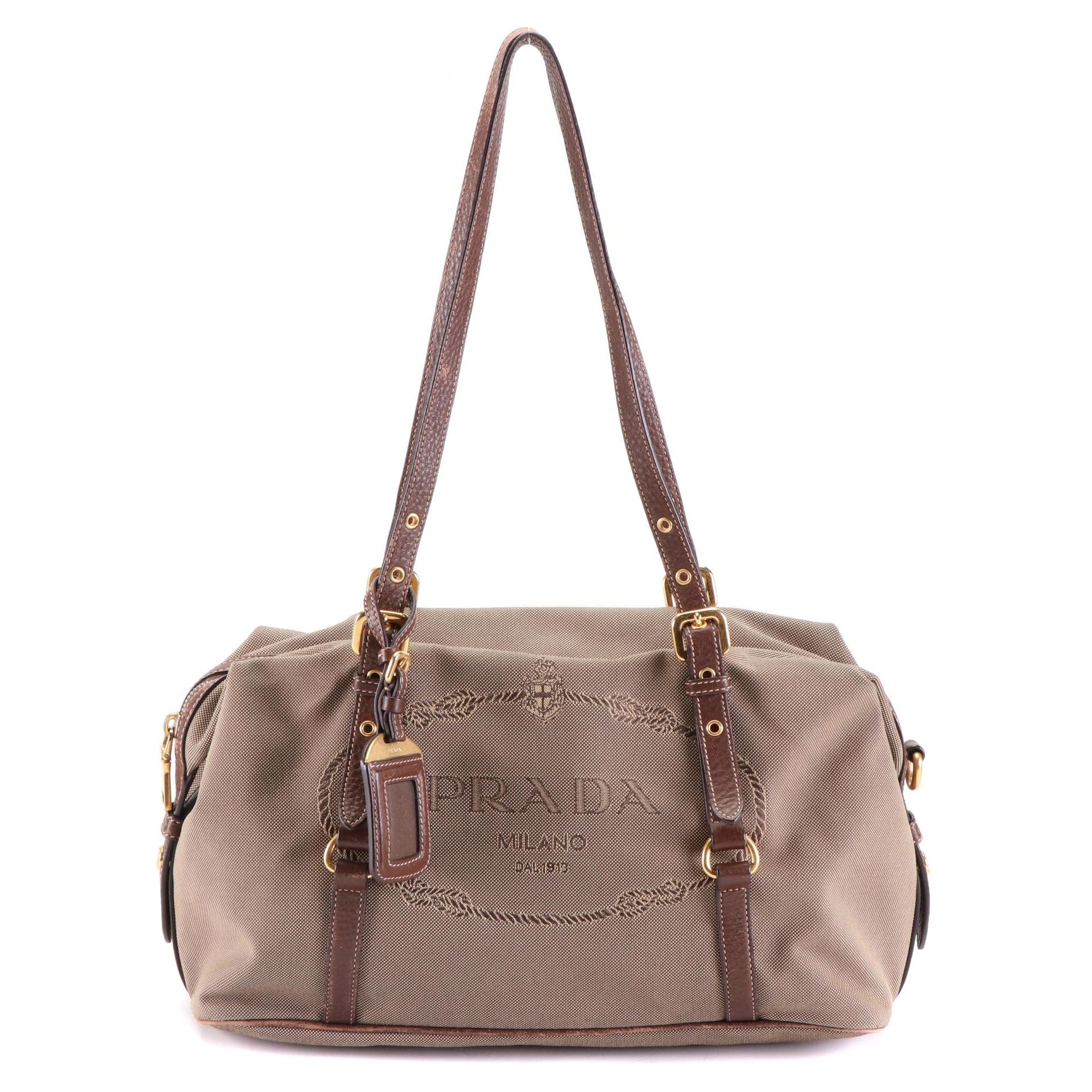 Prada Medium Zip Shoulder Bag in Logo Jacquard Canvas and Brown Leather
