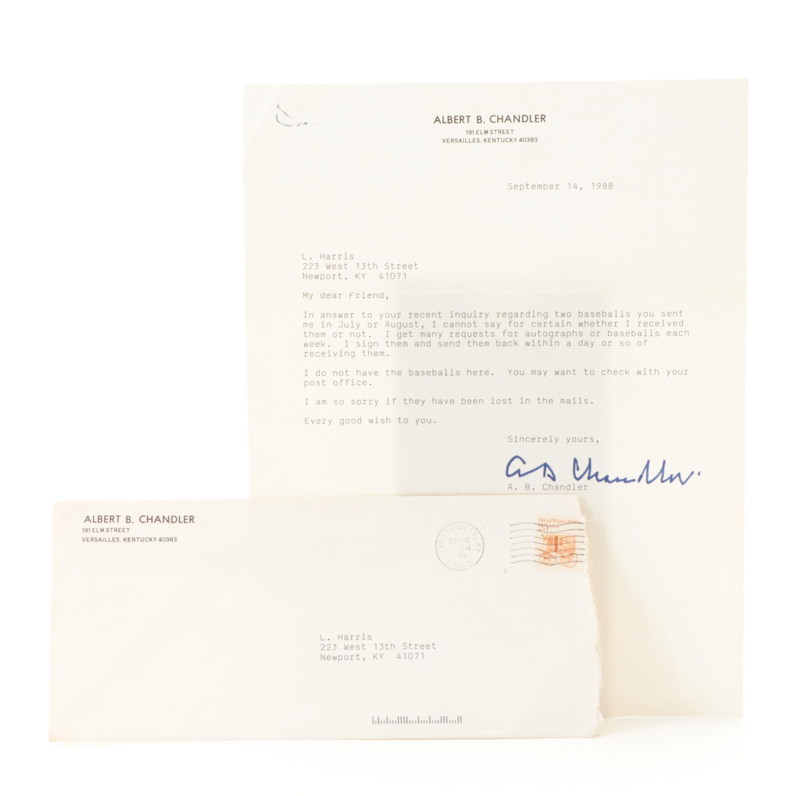 Albert B. "Happy" Chandler Signed Apologetic Fan Response Letter, 1988