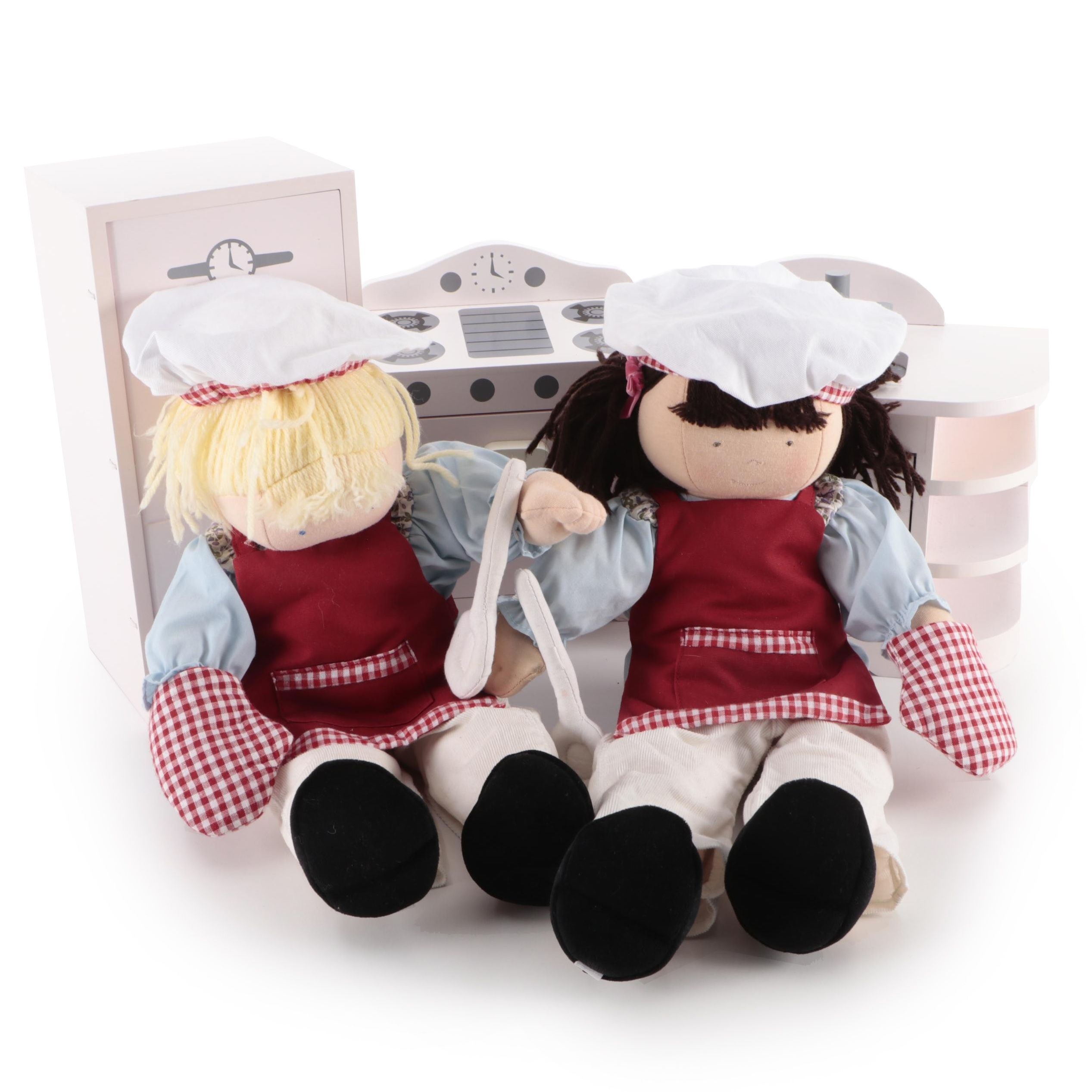 Pottery Barn Kids Retro Doll Kitchen Set with Sophie and Chloe Soft Body Dolls