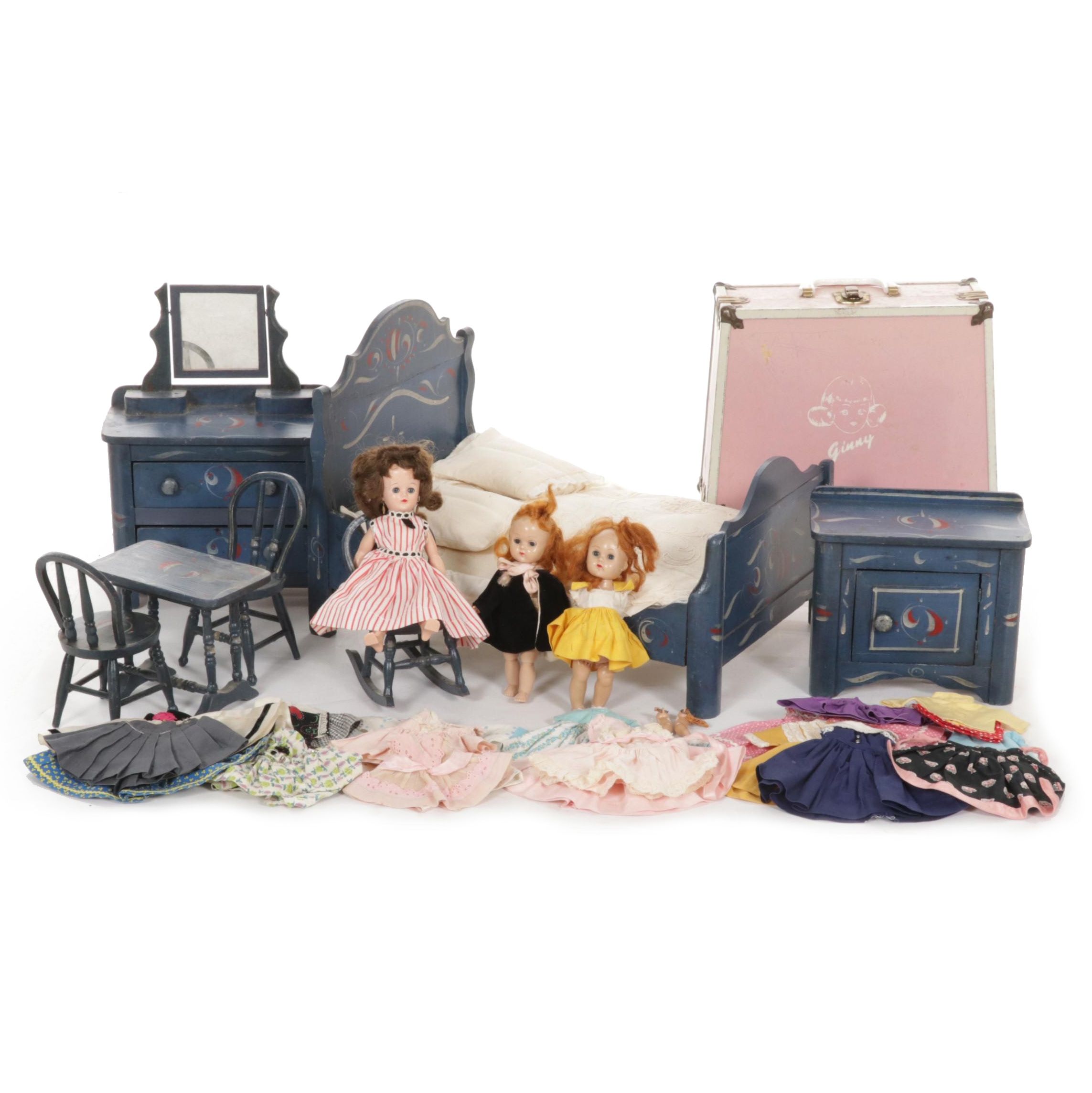 "Ginny" and "Jill" Dolls, Clothes and Case with Hand Painted Bedroom Furniture