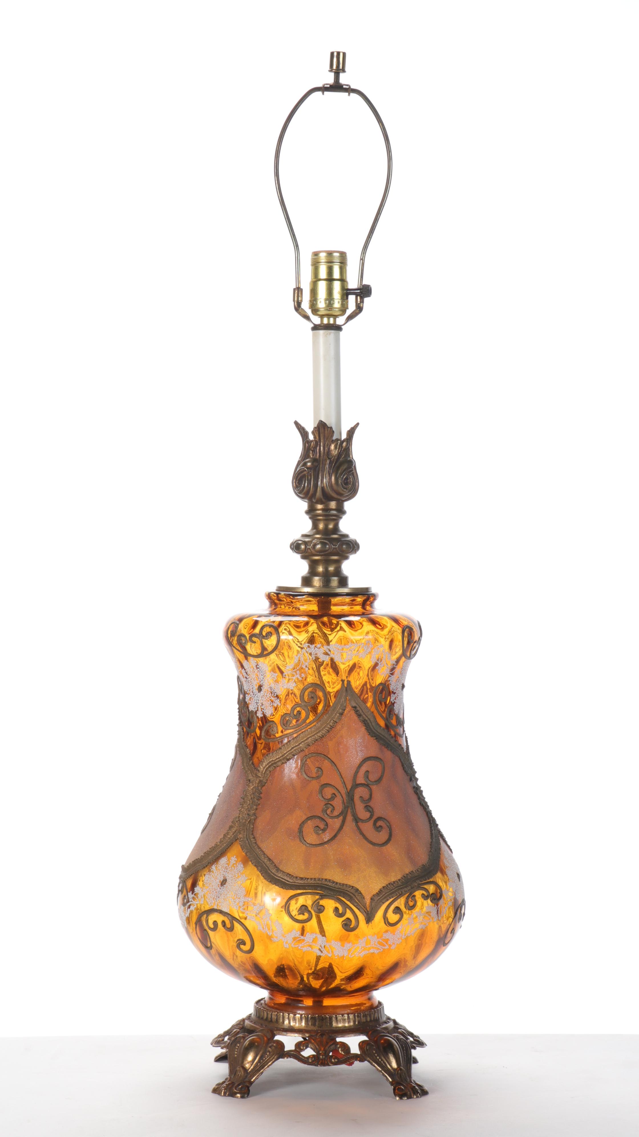 EF & EF Industries Gilt Enameled Amber Glass Table Lamp, Mid-20th Century
