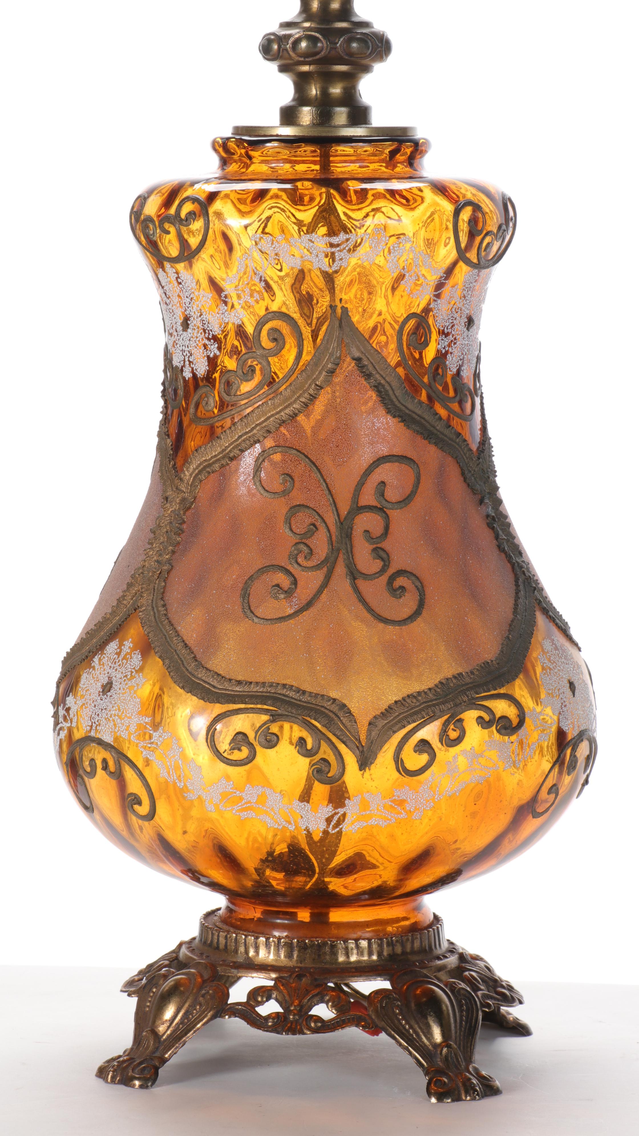 EF & EF Industries Gilt Enameled Amber Glass Table Lamp, Mid-20th Century
