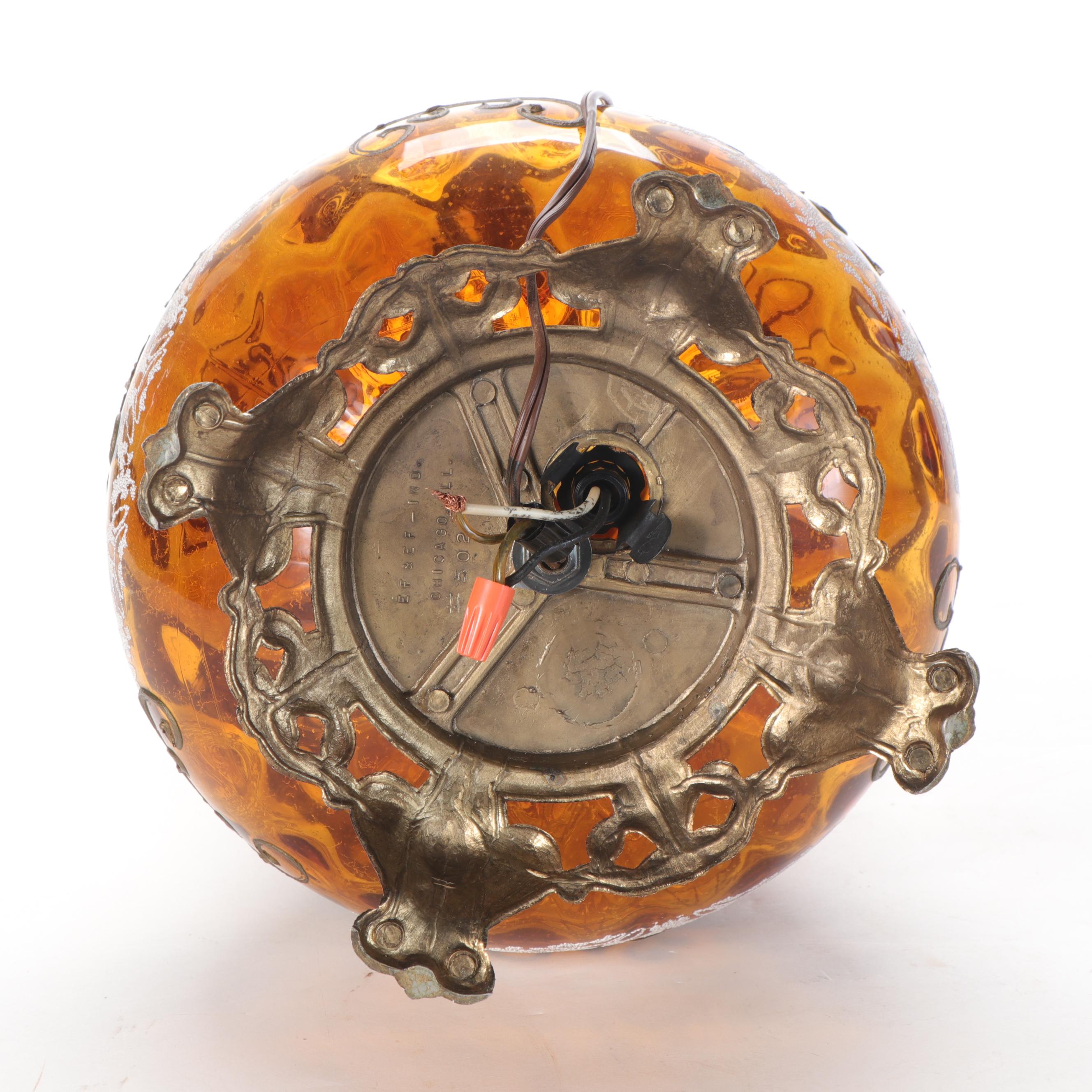 EF & EF Industries Gilt Enameled Amber Glass Table Lamp, Mid-20th Century