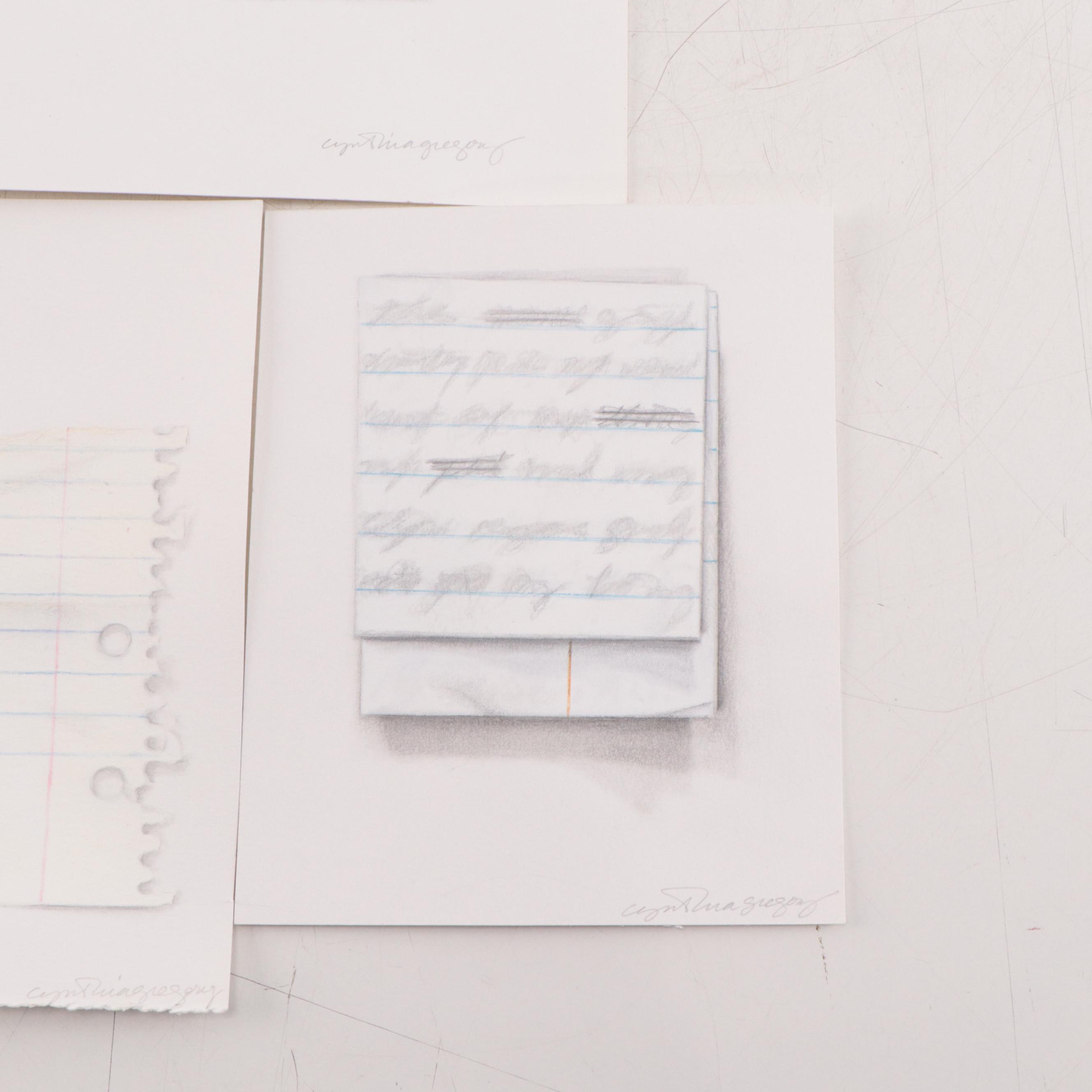 Cynthia Gregory Mixed Media Drawings of Paper Fragments
