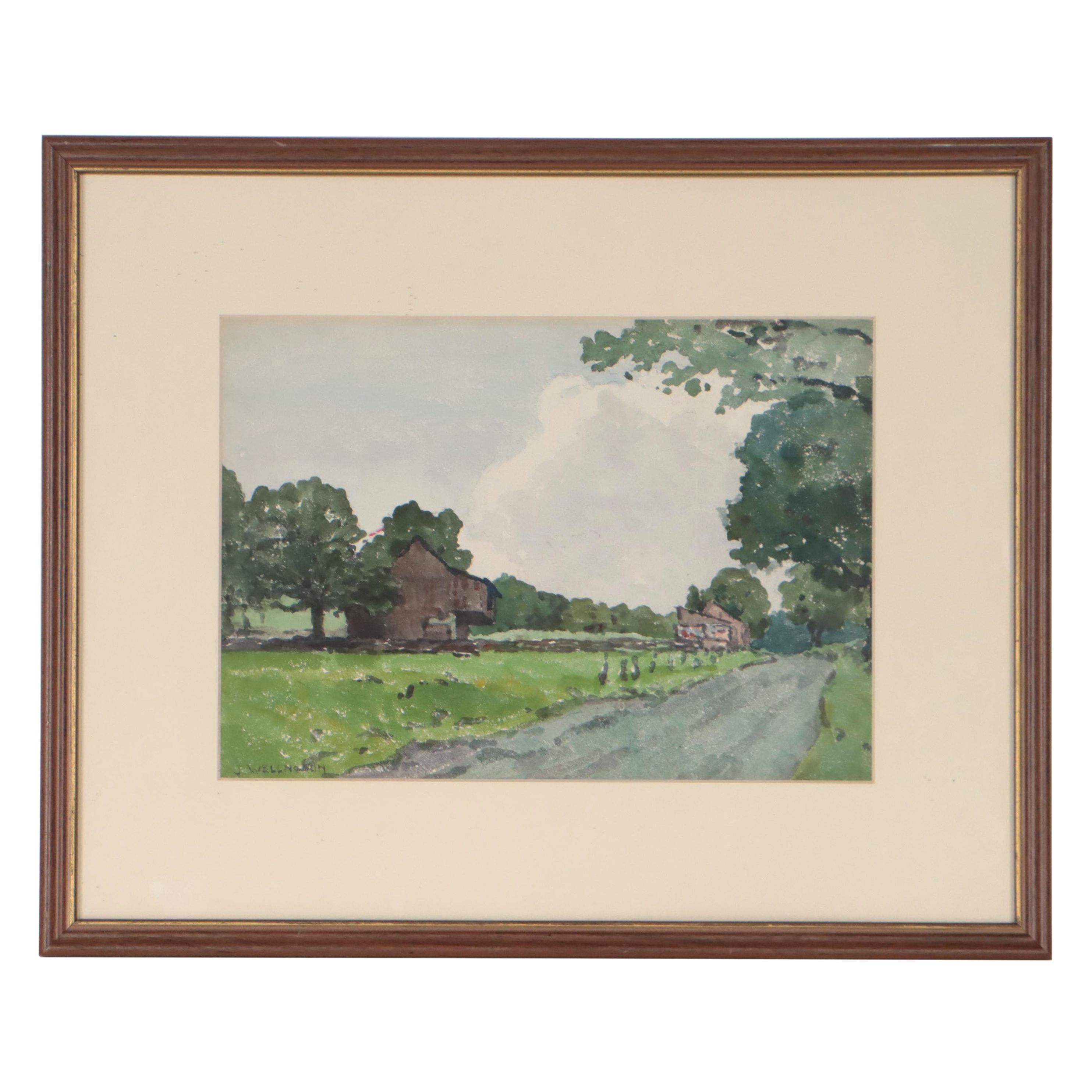 John Louis Wellington Watercolor Painting of Pastoral Landscape