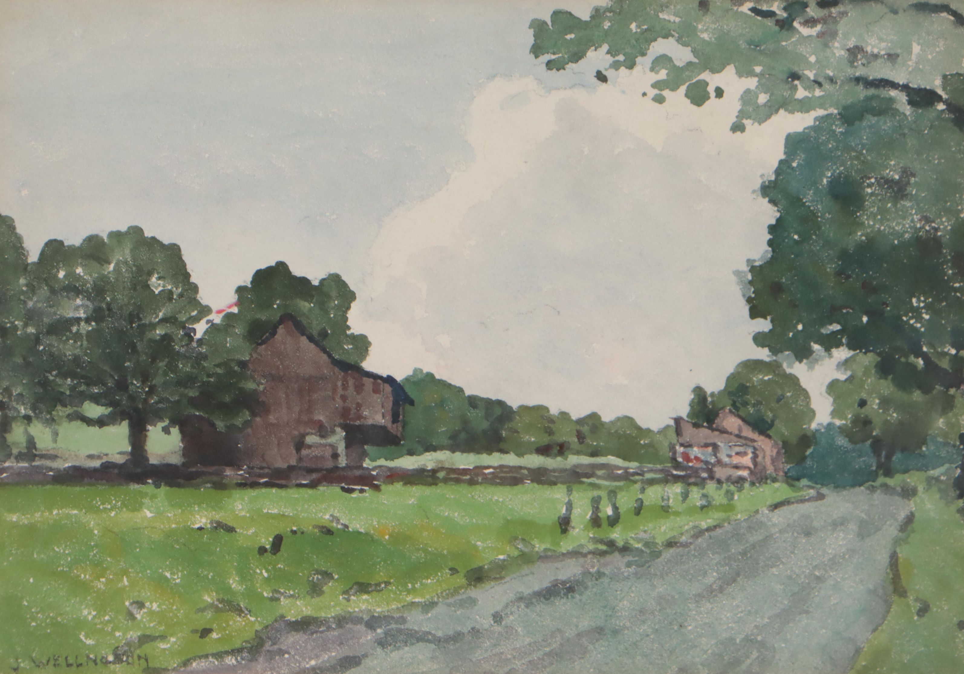 John Louis Wellington Watercolor Painting of Pastoral Landscape