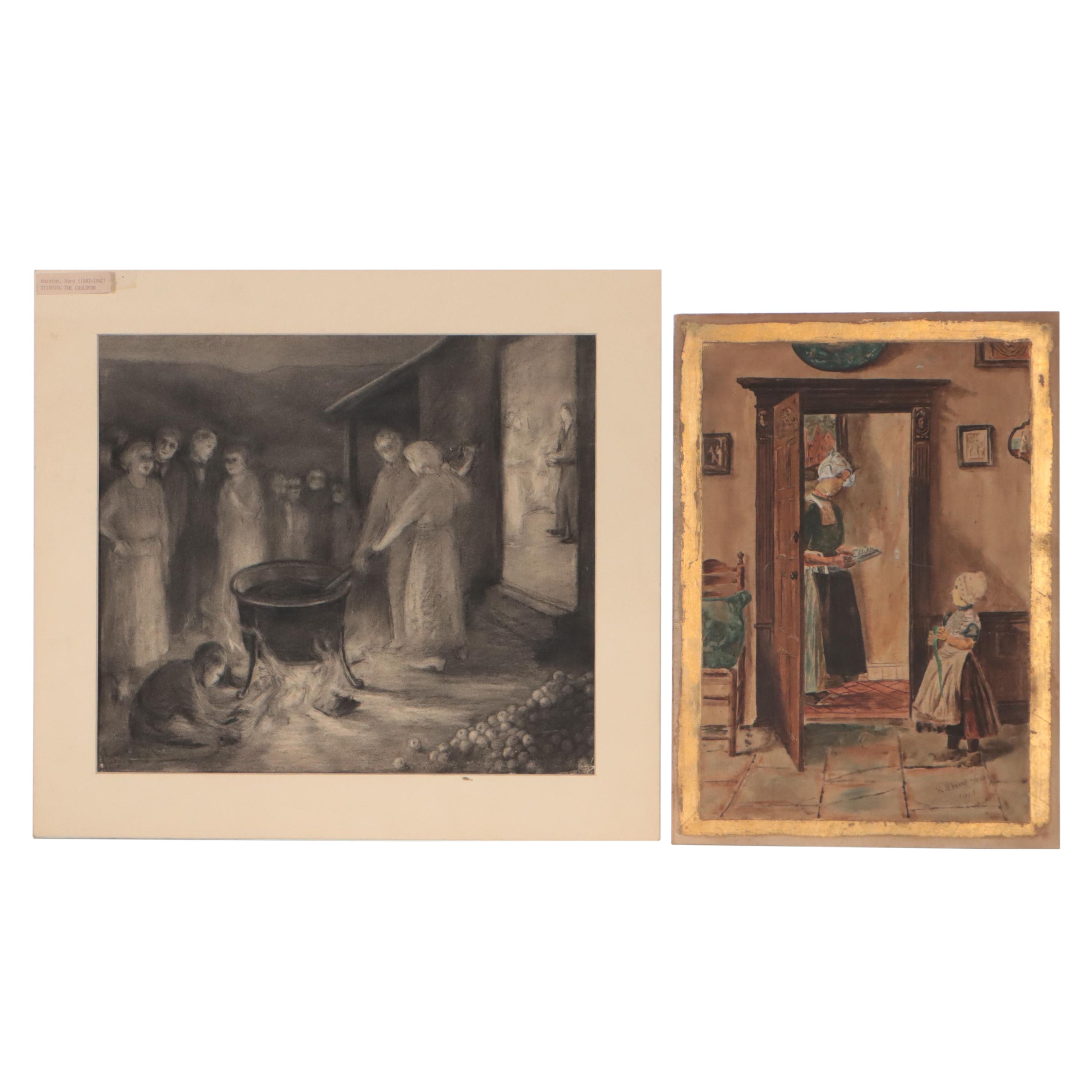 R. Jeen Watercolor Painting and Charcoal Drawing Attributed to Nora Houston